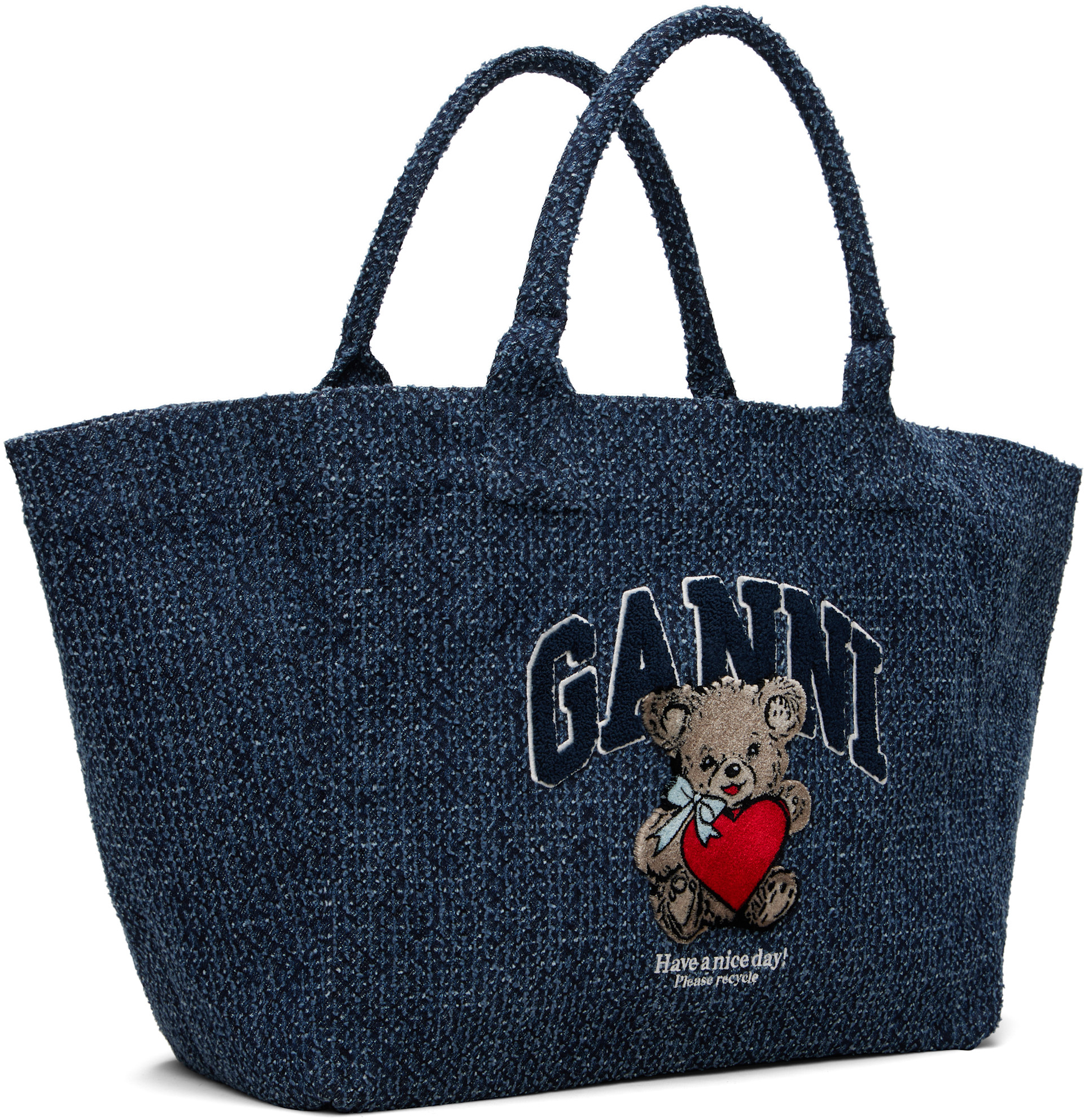GANNI: Navy XXL Bear Tweed Denim Shopper Tote | SSENSE
