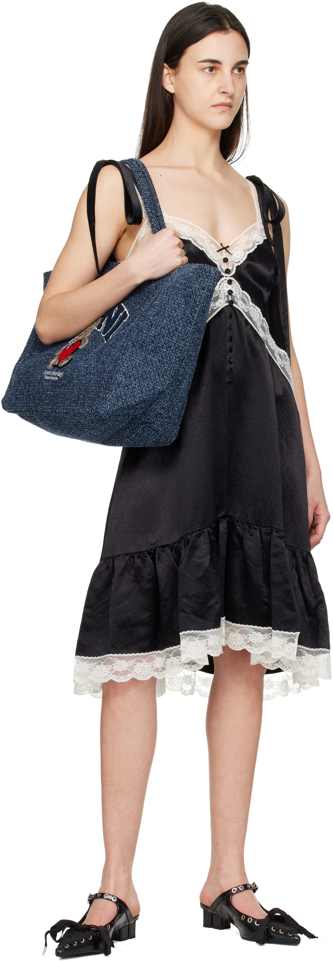 GANNI: ネイビー XXL Bear Tweed Denim Shopper トートバッグ | SSENSE 
