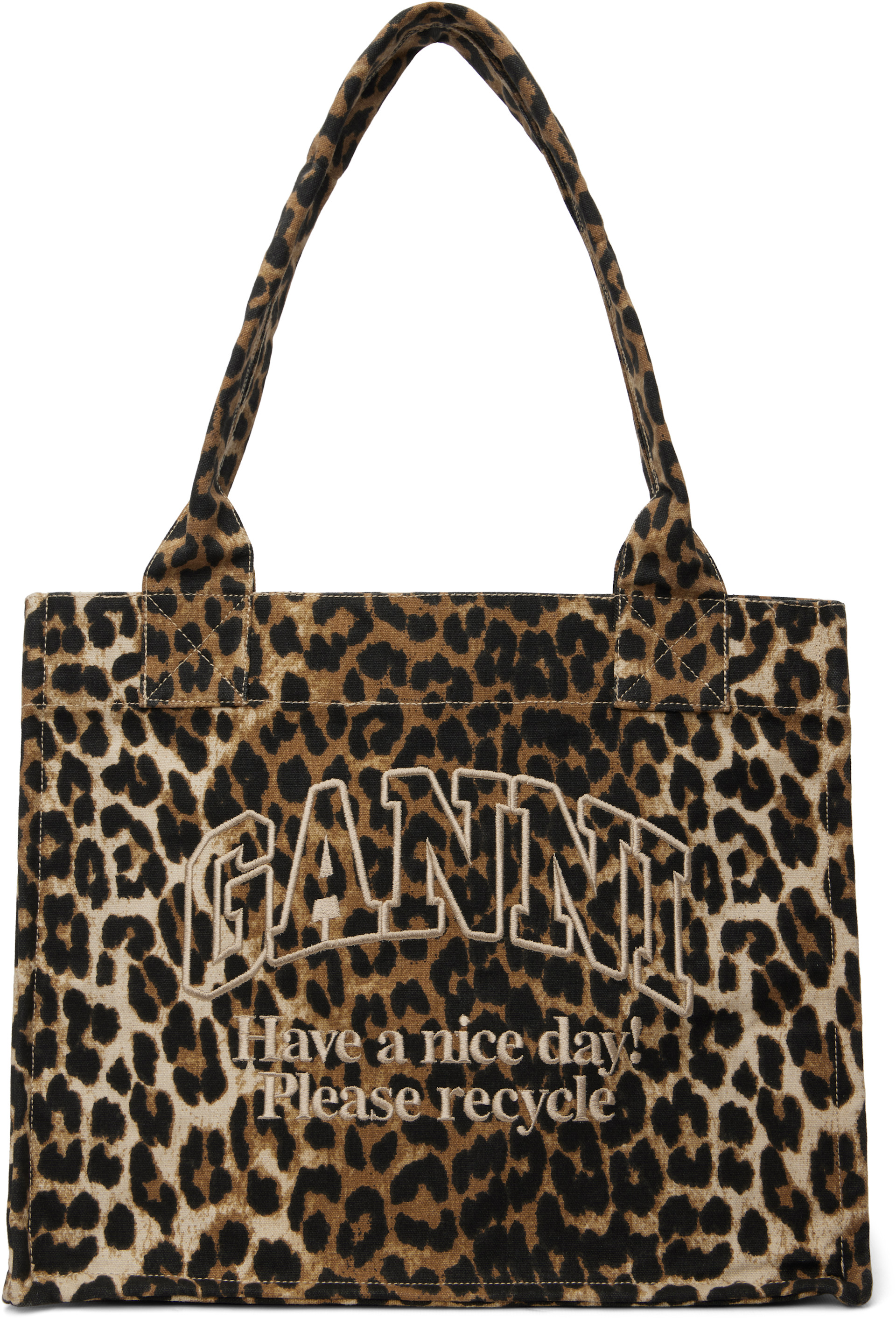 GANNI: Brown Leopard Large Canvas Tote | SSENSE