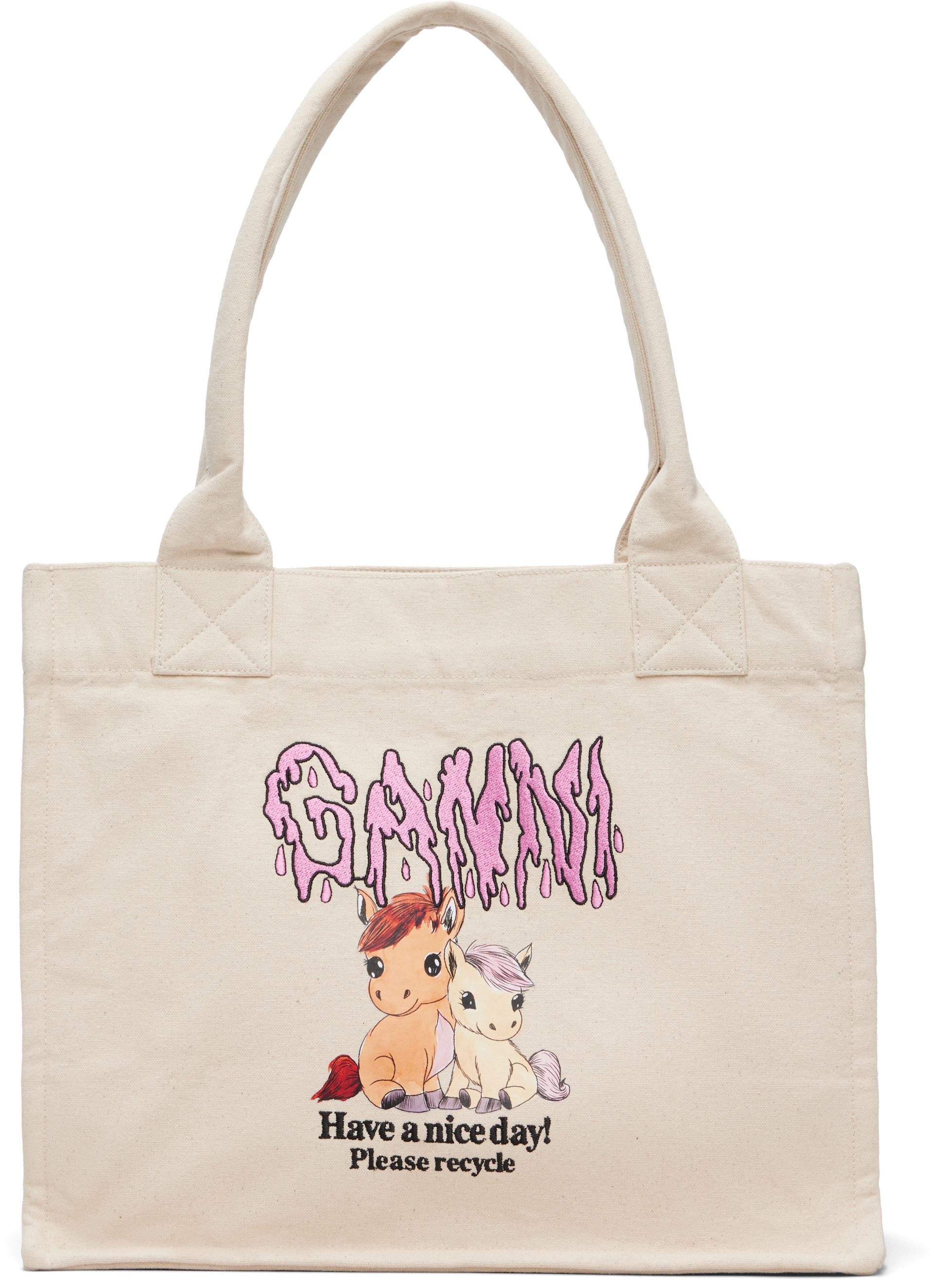 GANNI: ベージュ ラージ Pony Printed トートバッグ | SSENSE 日本