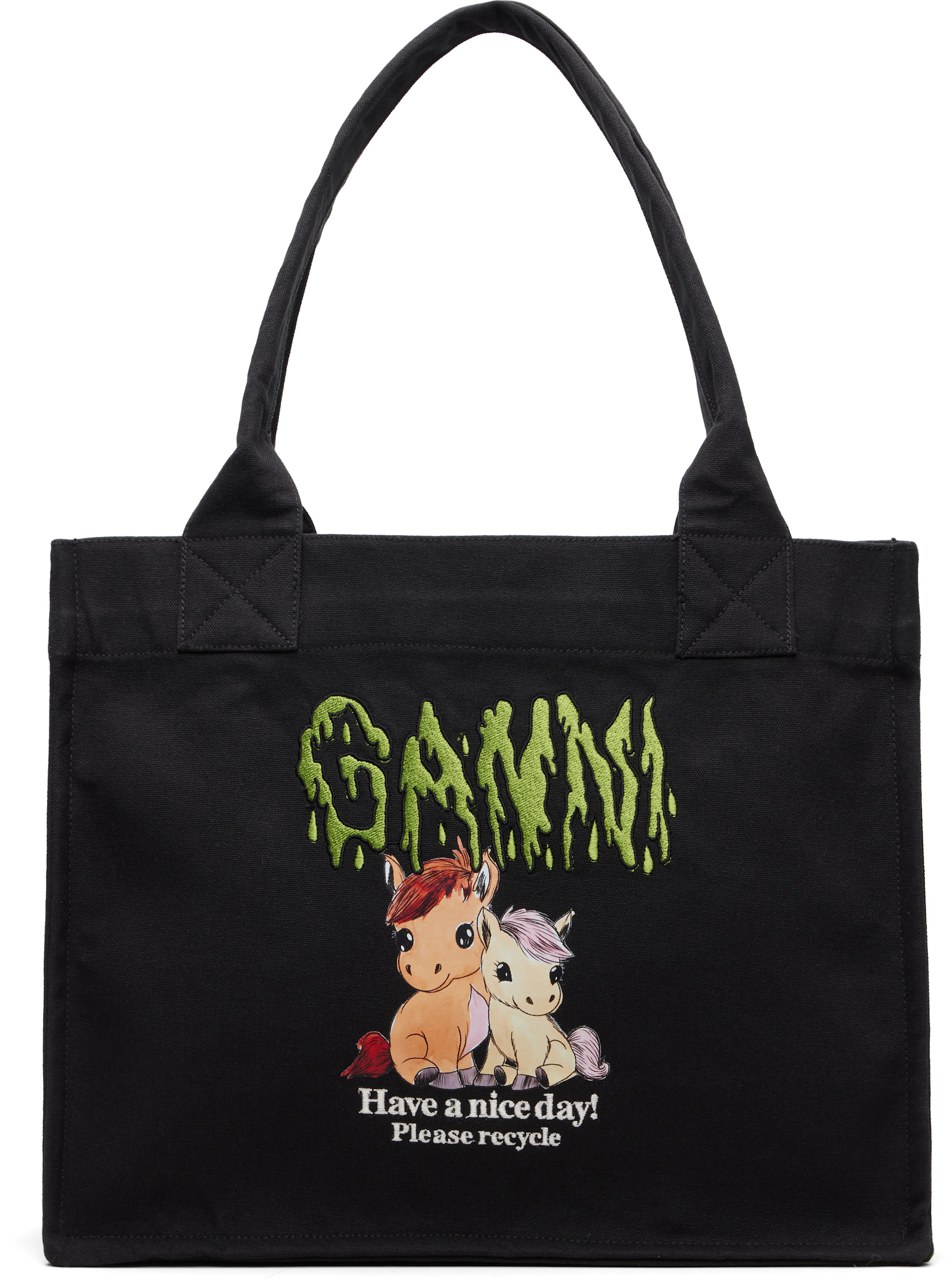 GANNI: ブラック ラージ Pony Printed トートバッグ | SSENSE 日本