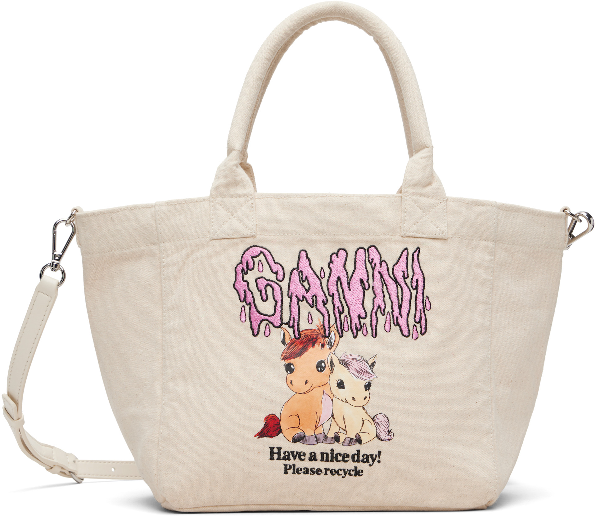 GANNI - Cabas beige à image de poney imprimée