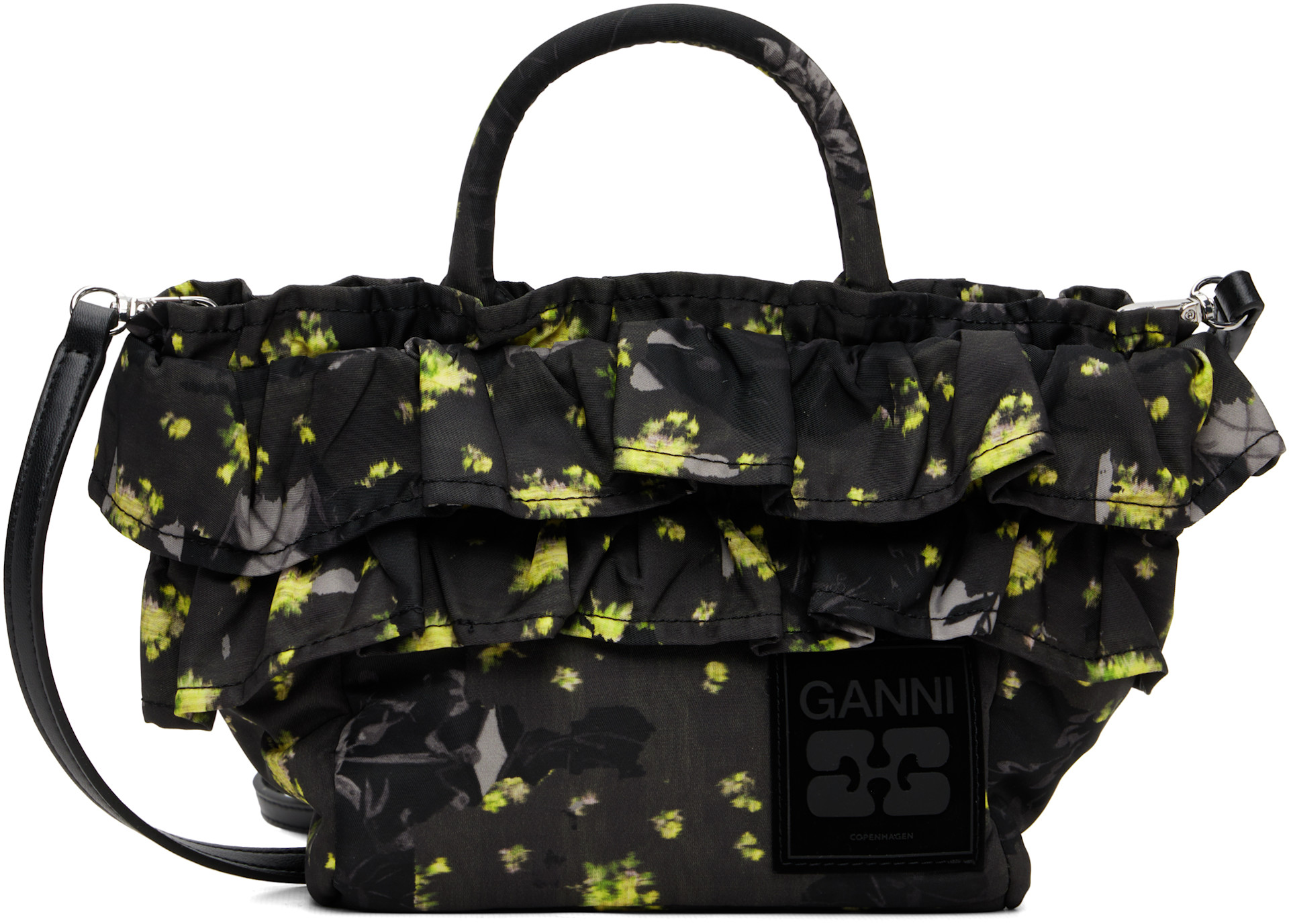 GANNI: ブラック ミニ Ruffle Print Shopper トートバッグ | SSENSE 日本