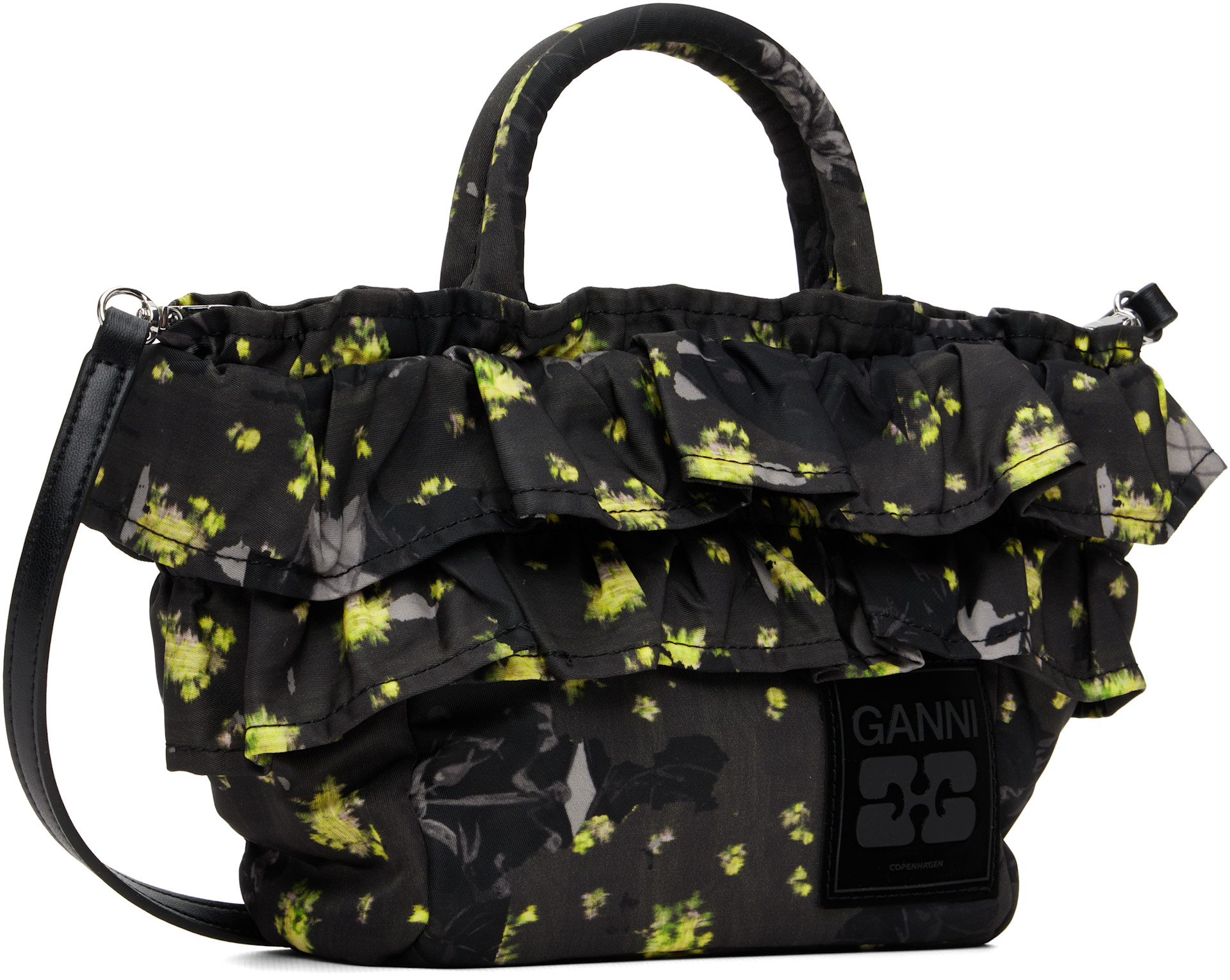 GANNI: ブラック ミニ Ruffle Print Shopper トートバッグ | SSENSE 日本