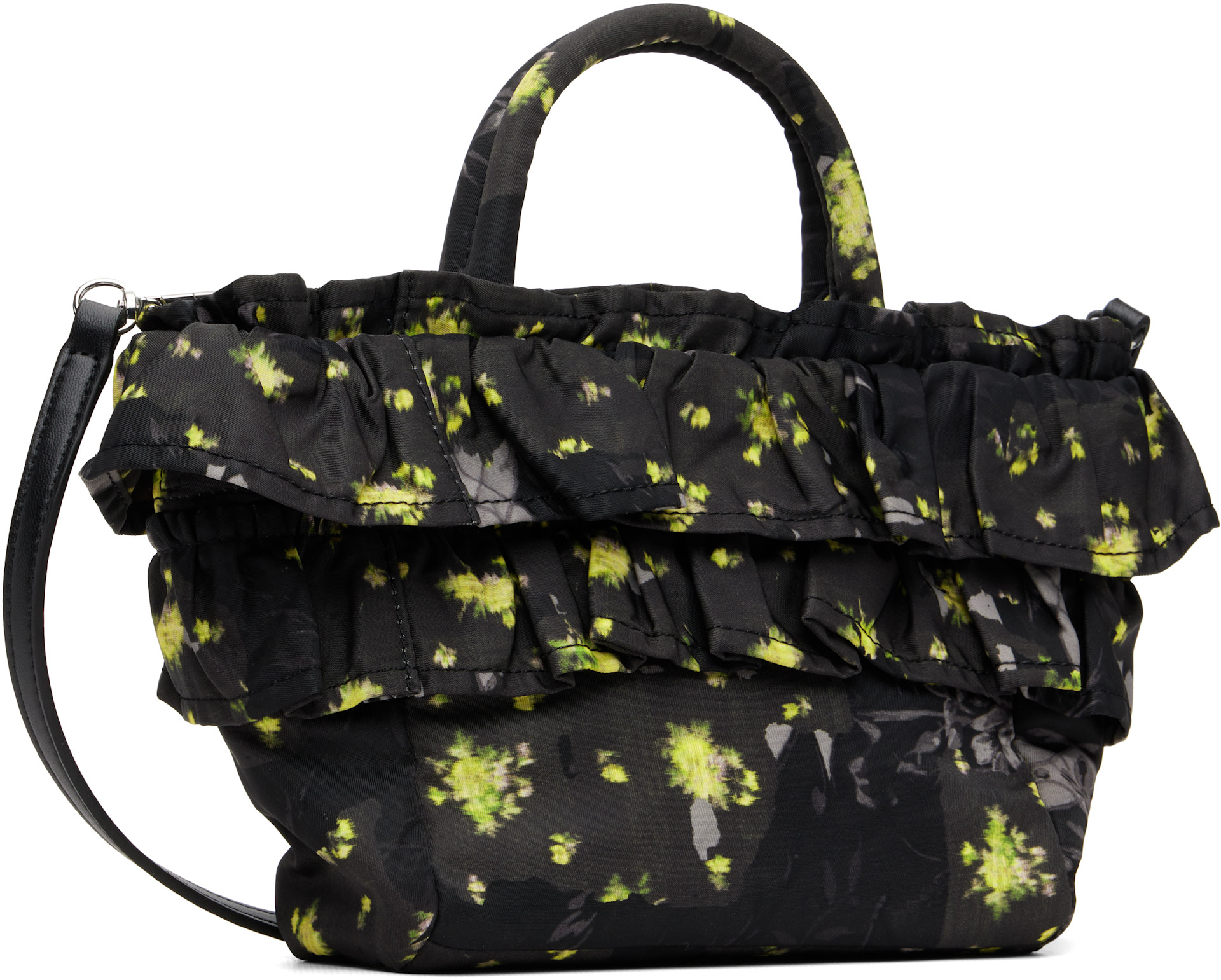 GANNI: ブラック ミニ Ruffle Print Shopper トートバッグ | SSENSE 日本