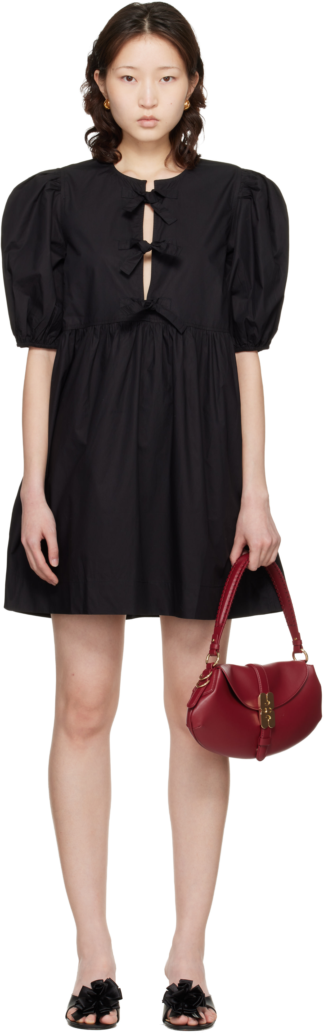 GANNI: Black Cotton Poplin Tie String Minidress