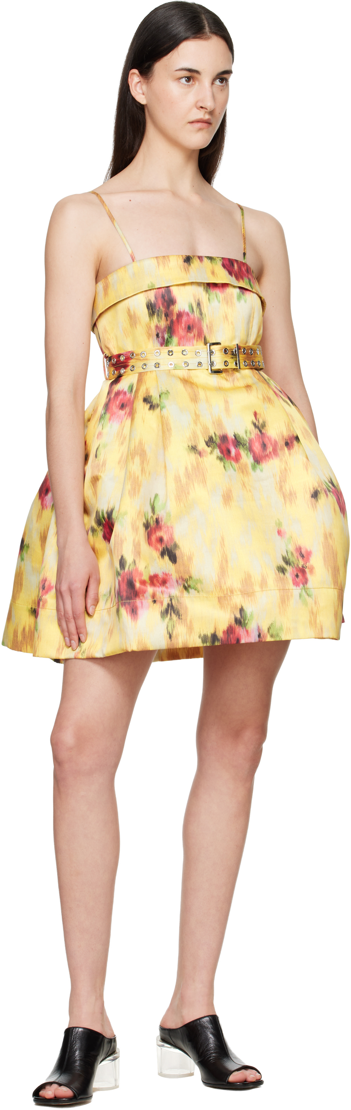GANNI: Yellow Printed Satin Minidress | SSENSE