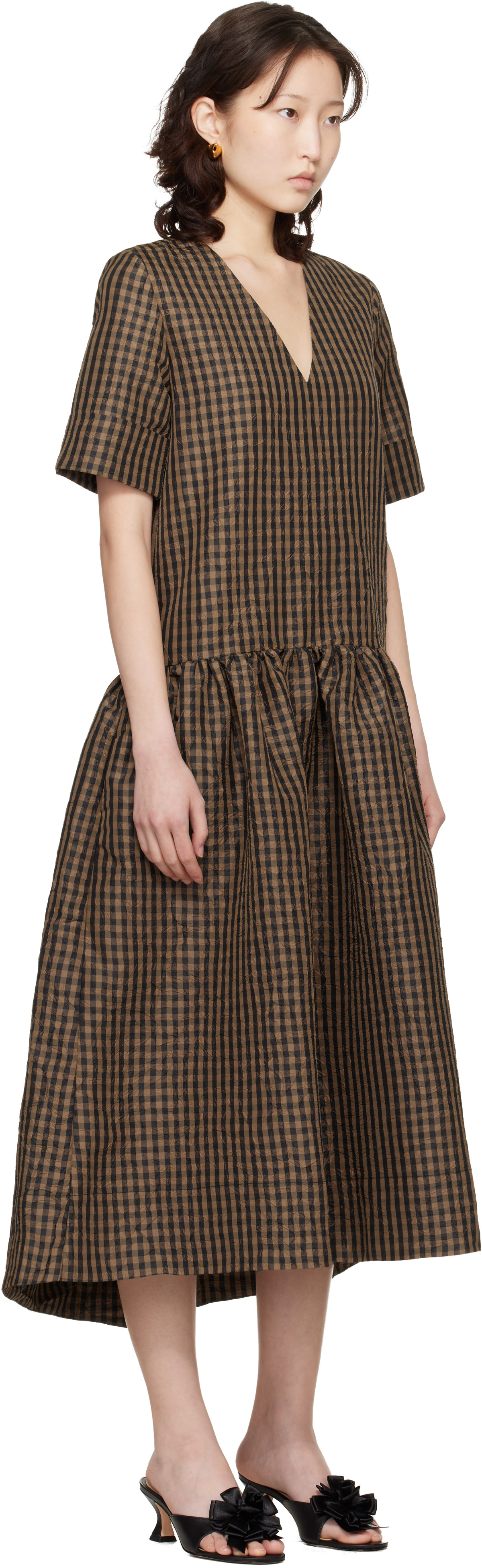 ganni check maxi dress Ganni Crinkled Check Long Dress