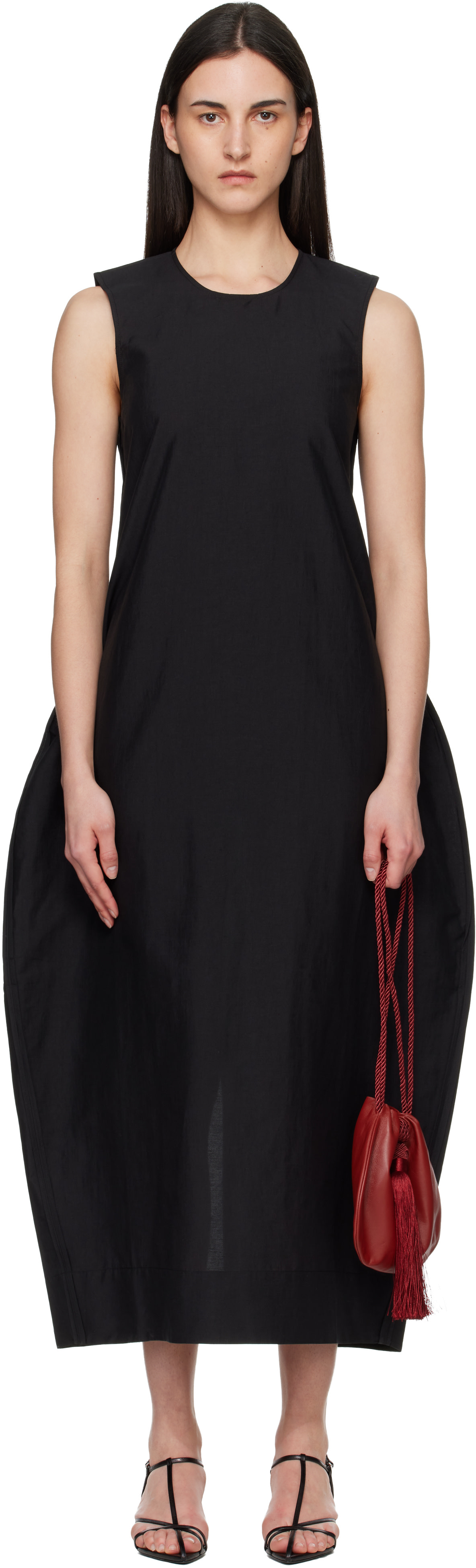 Rhe: Black Hourglass Linen Silk Midi Dress | SSENSE