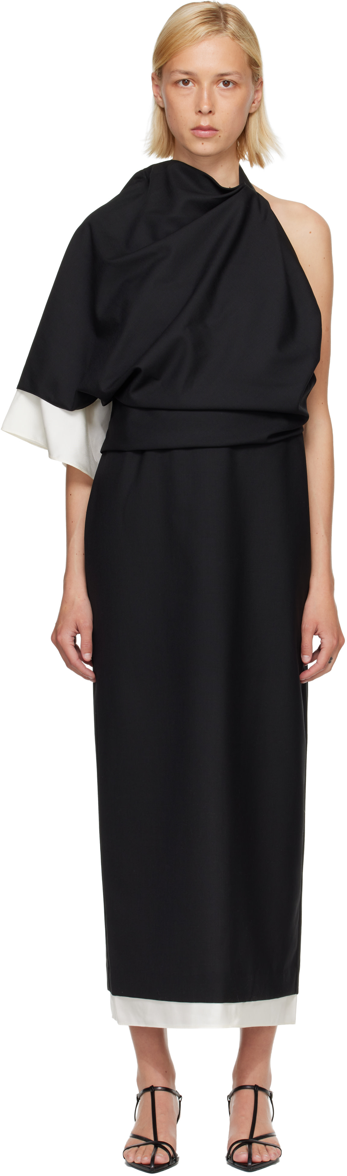 Róhe - Robe midi drapée noir et blanc à dos ouvert