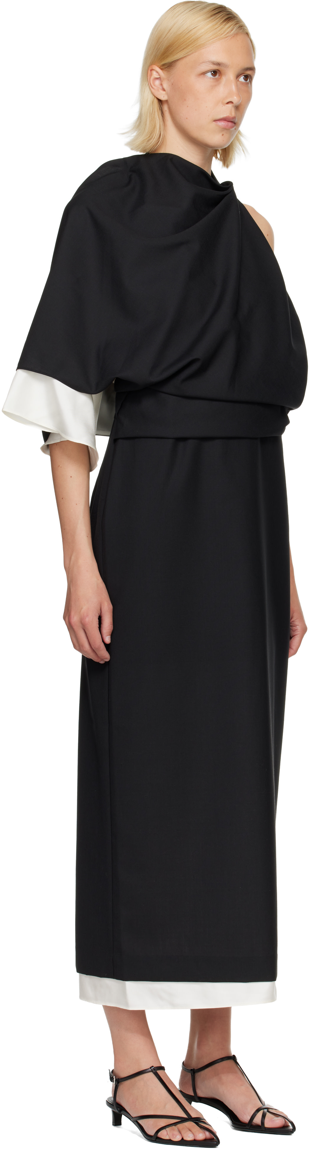 Róhe - Robe midi drapée noir et blanc à dos ouvert