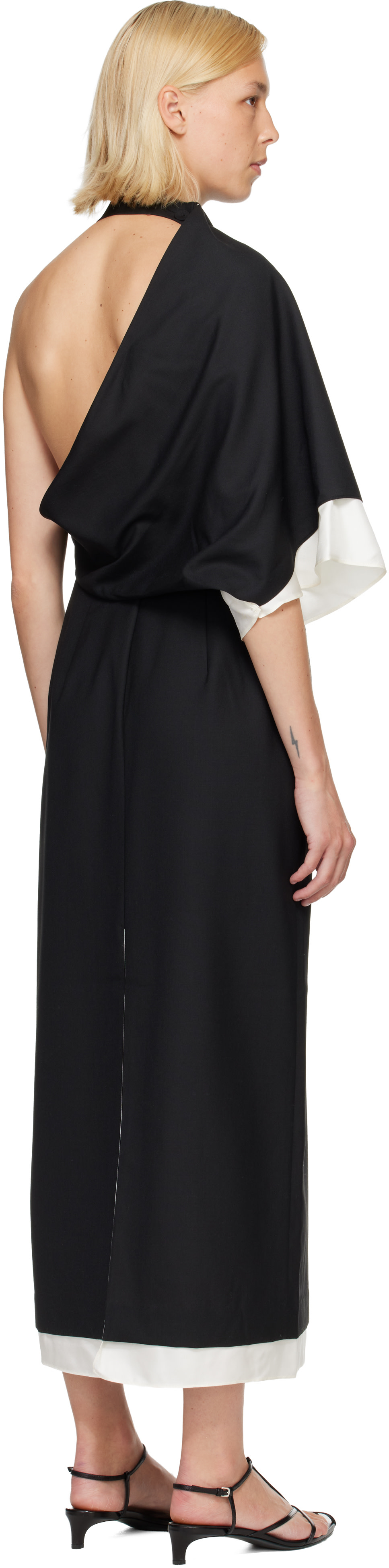 Róhe - Robe midi drapée noir et blanc à dos ouvert