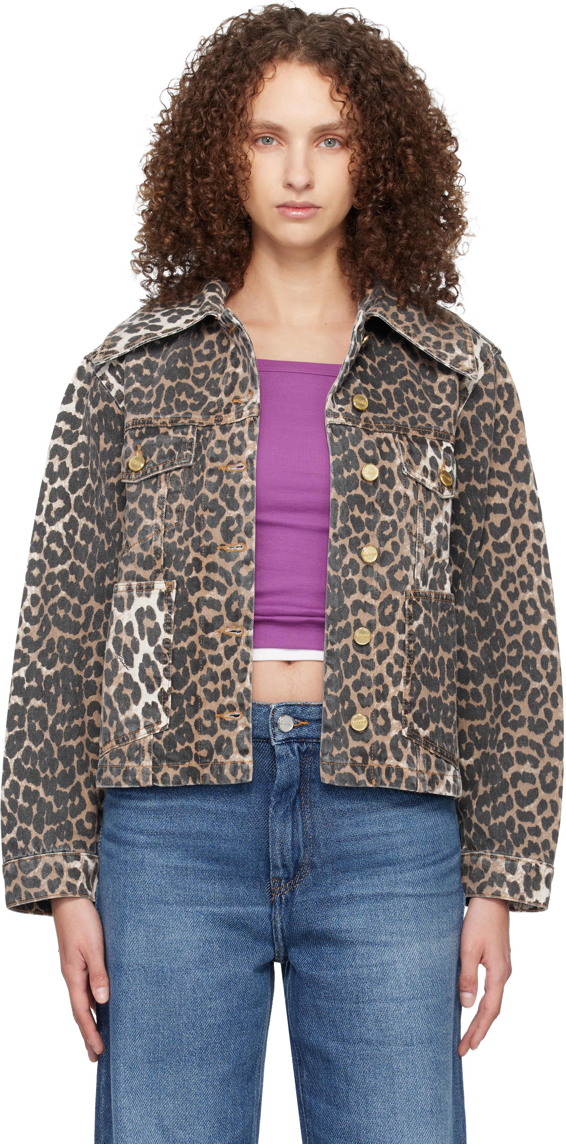 GANNI: Brown & Black Leopard Denim Jacket | SSENSE
