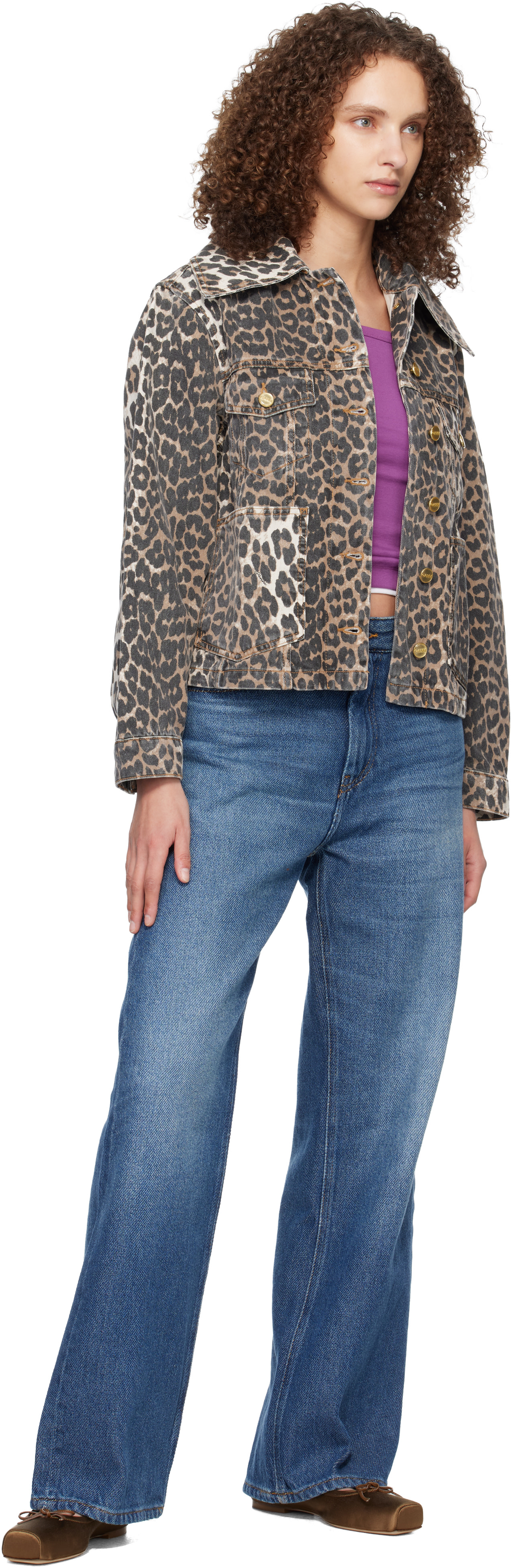 GANNI: Brown & Black Leopard Denim Jacket | SSENSE