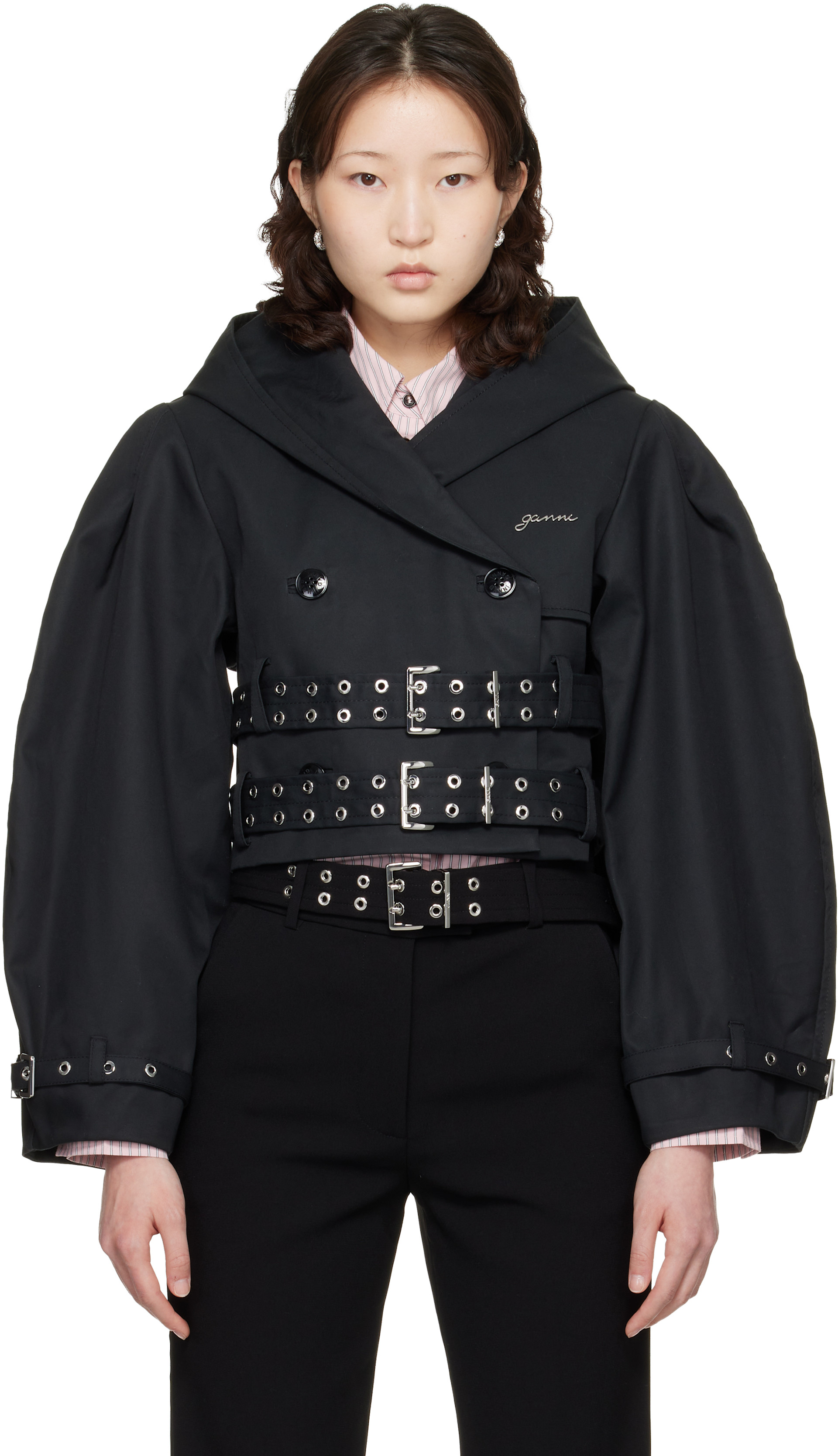 GANNI: Black Bonded Cotton Short Trench Jacket | SSENSE