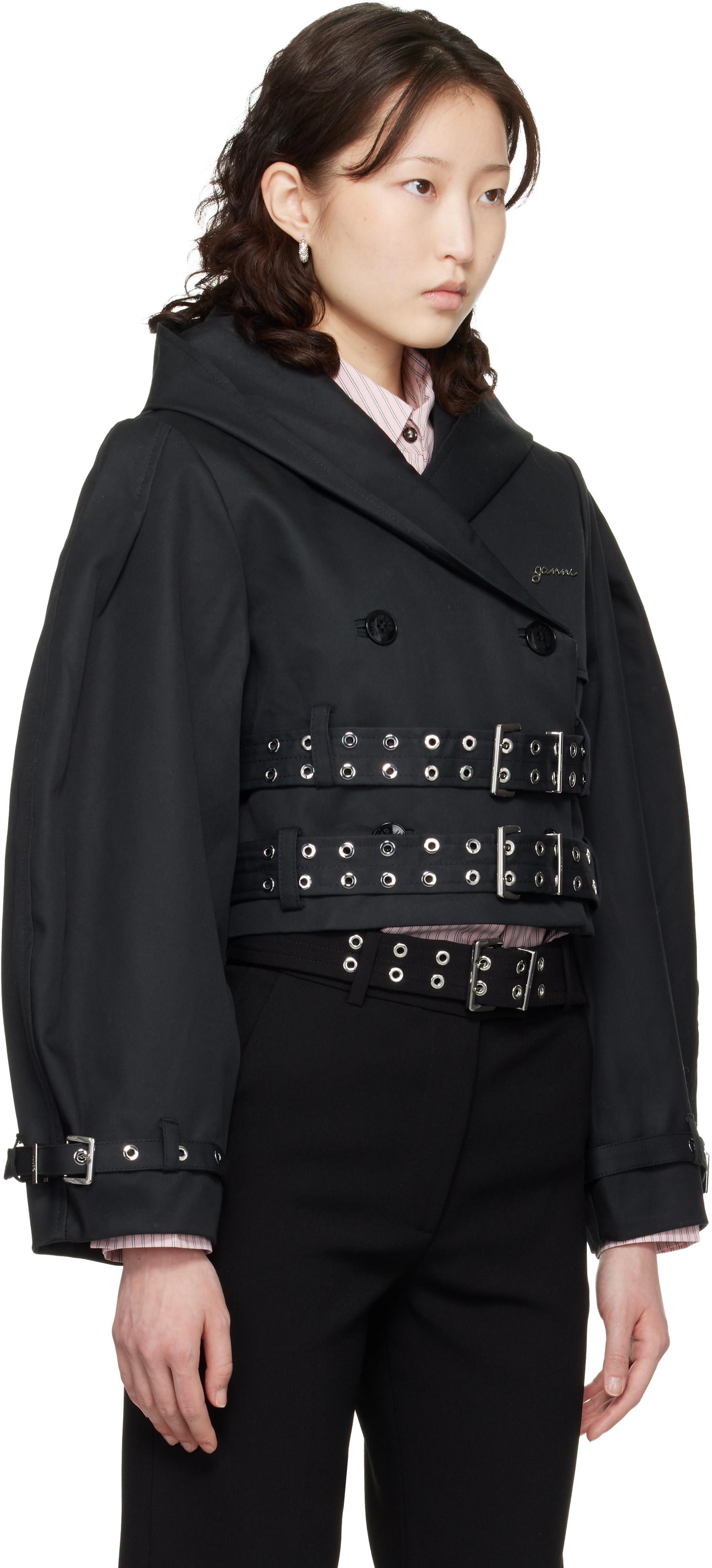 GANNI: Black Bonded Cotton Short Trench Jacket | SSENSE