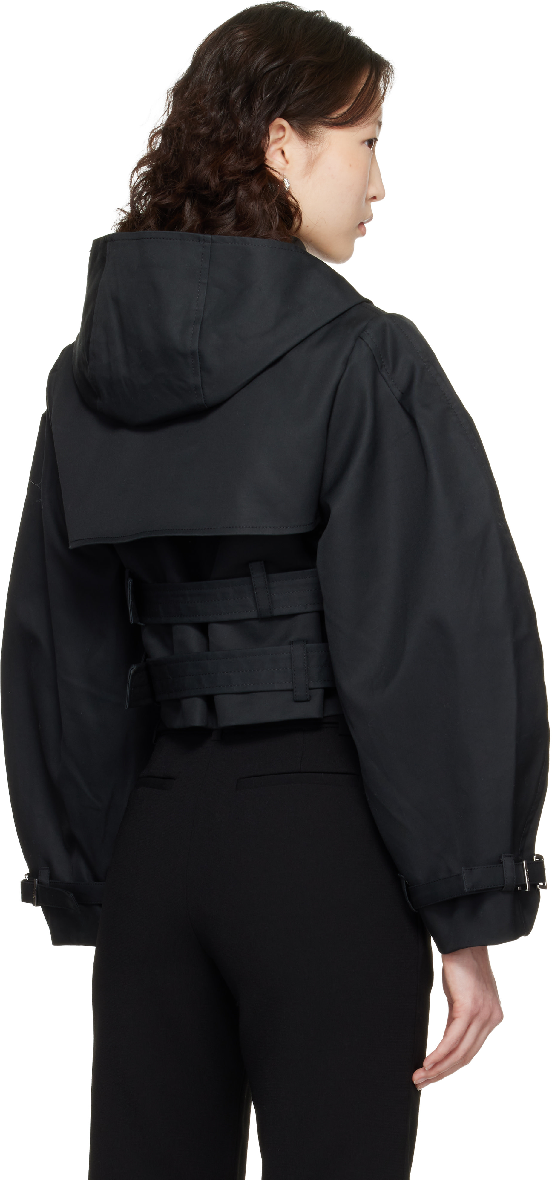 GANNI: Black Bonded Cotton Short Trench Jacket | SSENSE