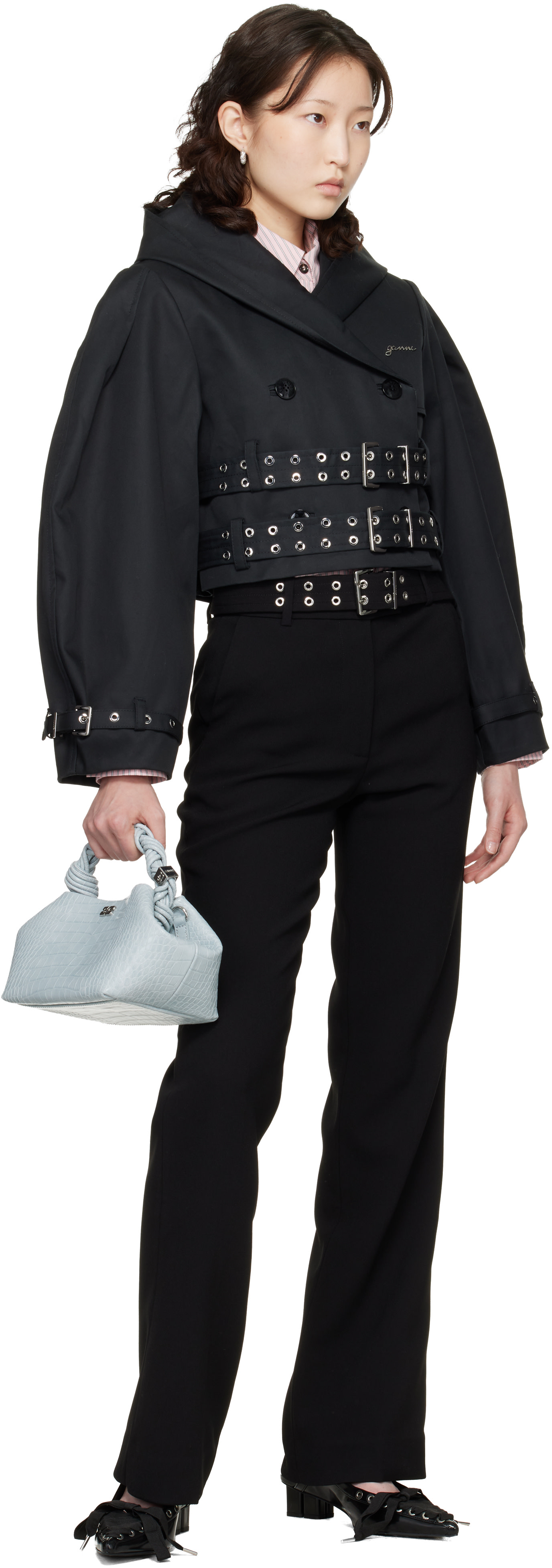 GANNI: Black Bonded Cotton Short Trench Jacket | SSENSE Saudi Arabia