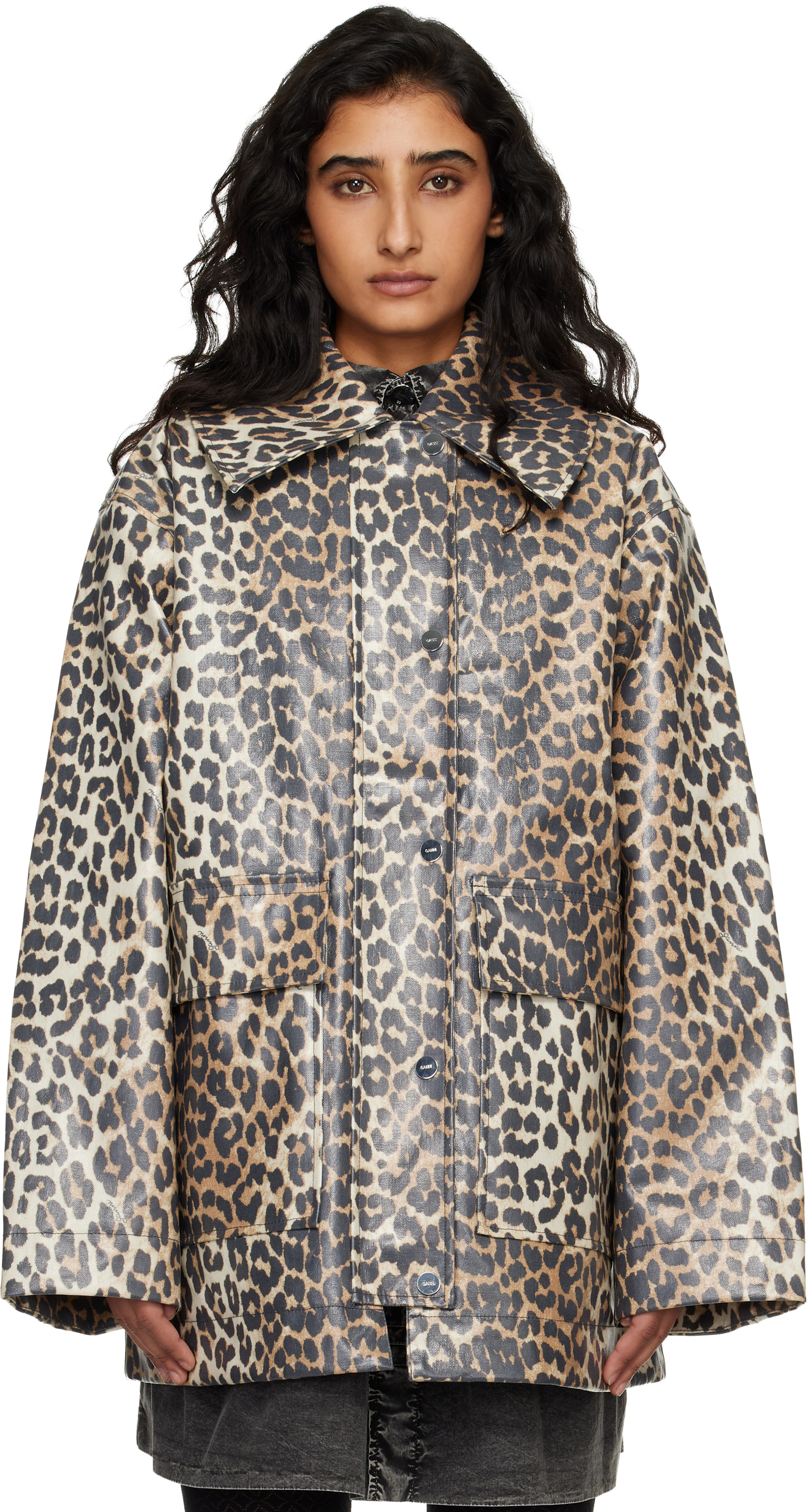 GANNI: Beige Leopard Laminated Cotton Jacket | SSENSE