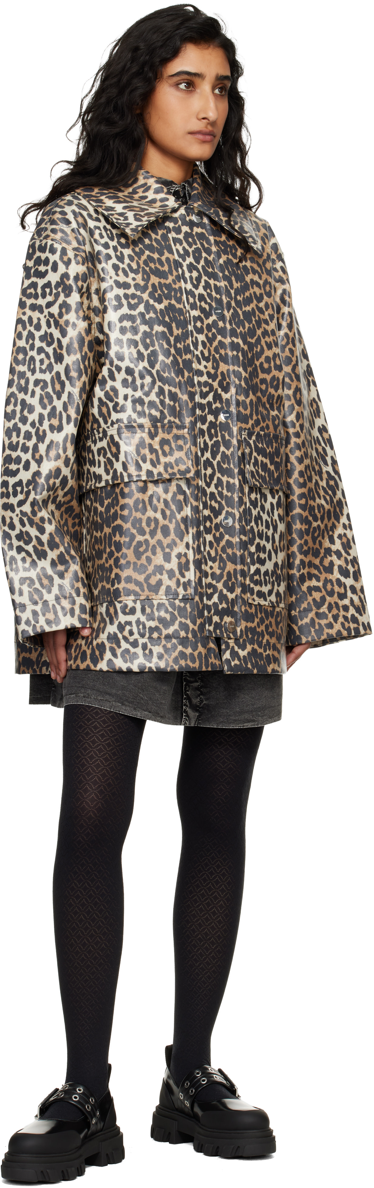 GANNI: Beige Leopard Laminated Cotton Jacket | SSENSE