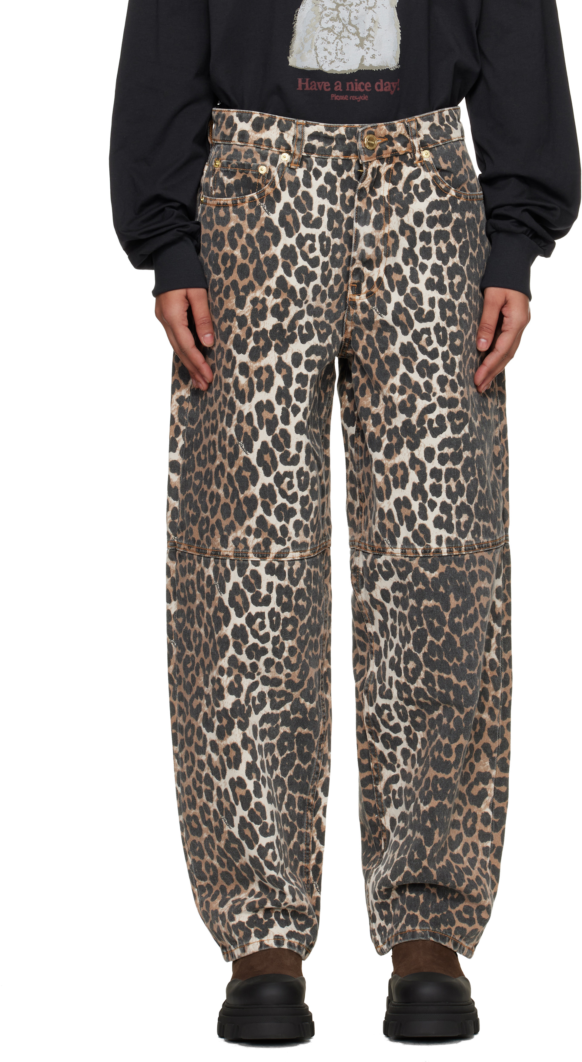 GANNI: Beige Leopard Printed Stary Jeans | SSENSE
