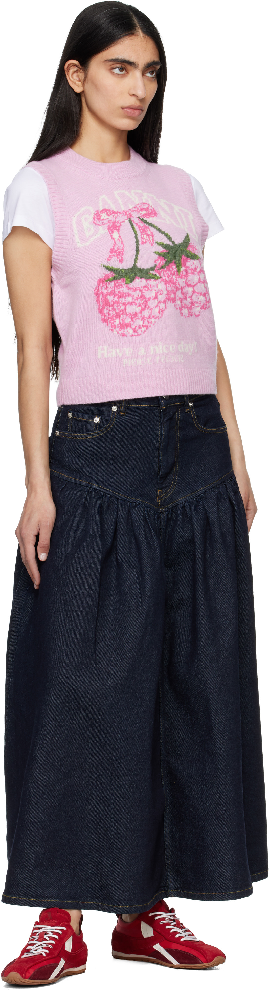 GANNI: Navy Stretch Denim Midi Skirt | SSENSE