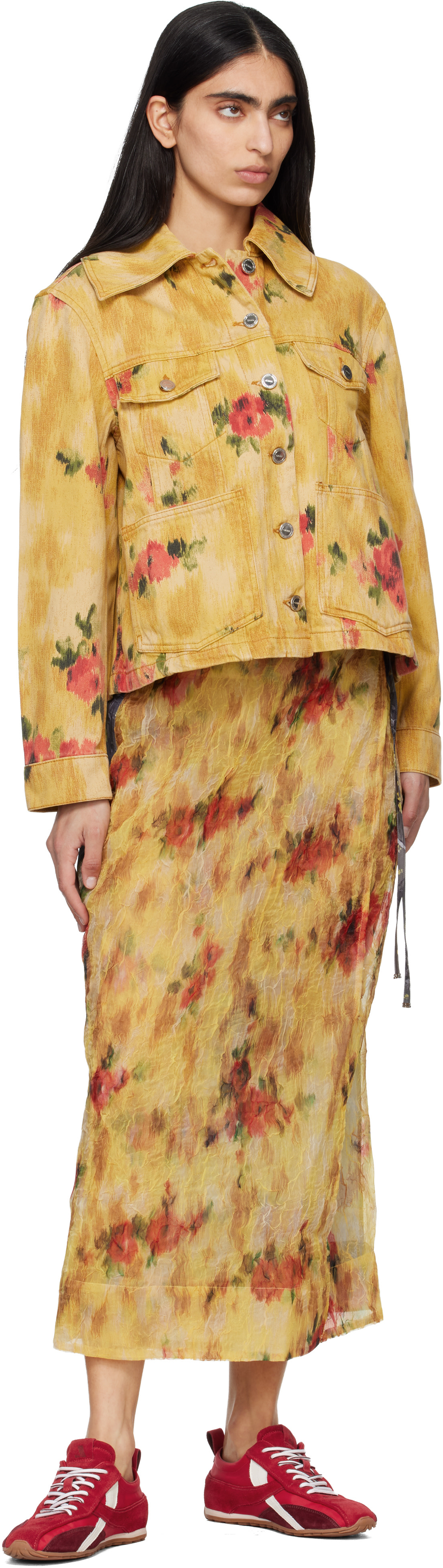 GANNI - Jupe midi contrastée jaune et gris à patchwork