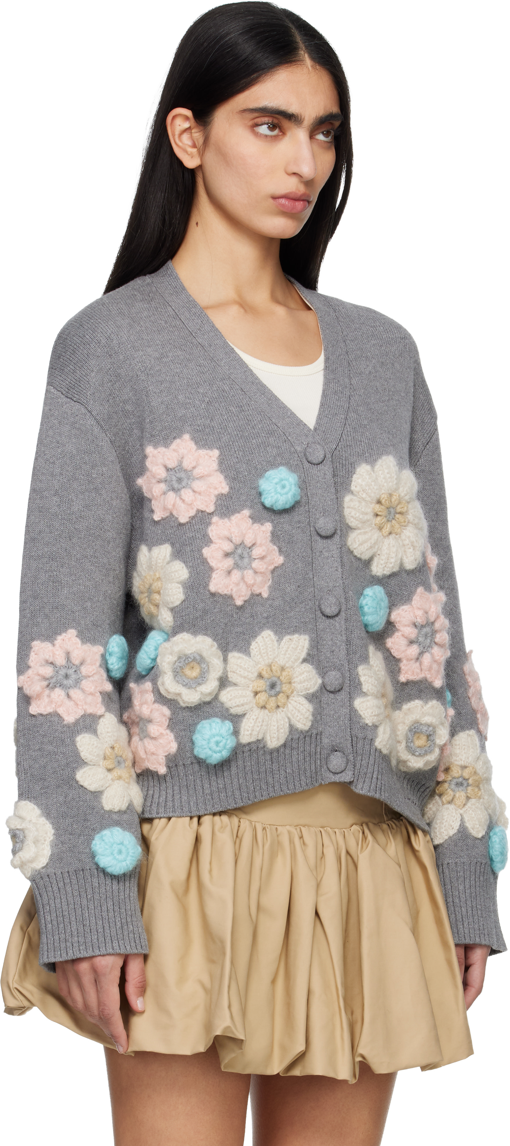 ganni カーディガン GANNI: Gray Cotton Cashmere Flower Cardigan | SSENSE Canada