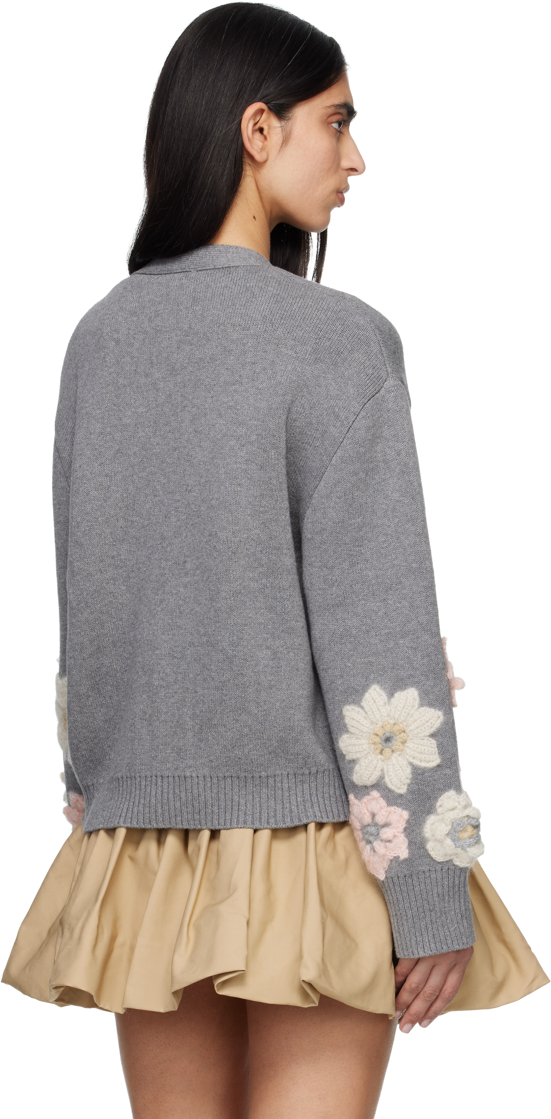 GANNI リブニット 長袖 カーディガン グレー GANNI: グレー Flower コットン カシミヤ カーディガン | SSENSE 日本