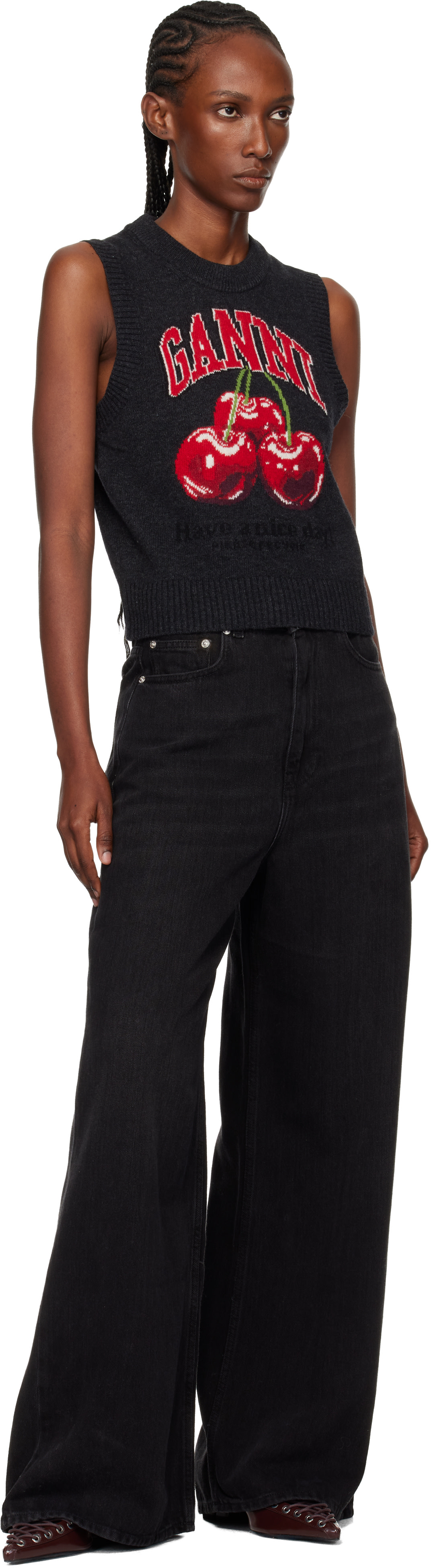 GANNI: Gray Graphic Wool Sweater Vest | SSENSE
