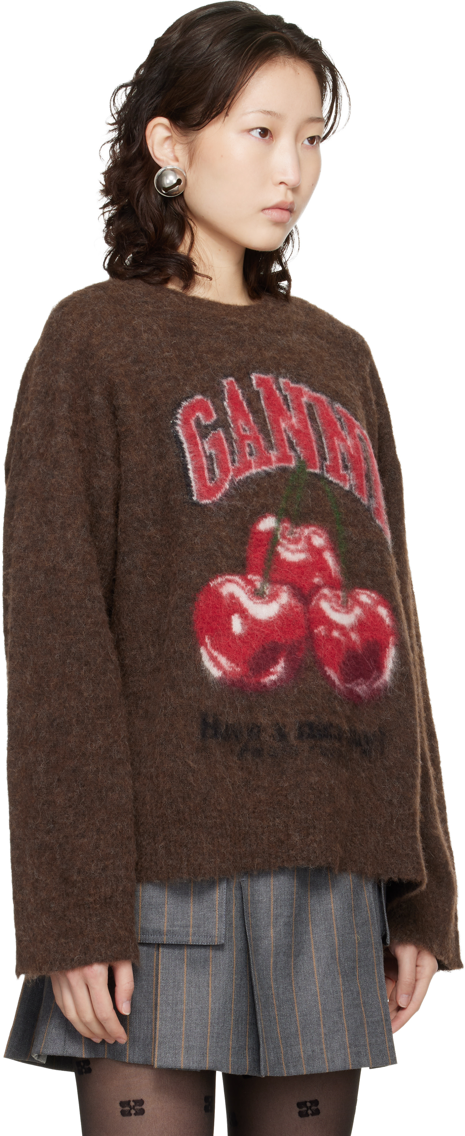 GANNI: Brown Brushed Alpaca Graphic Oversized Sweater | SSENSE