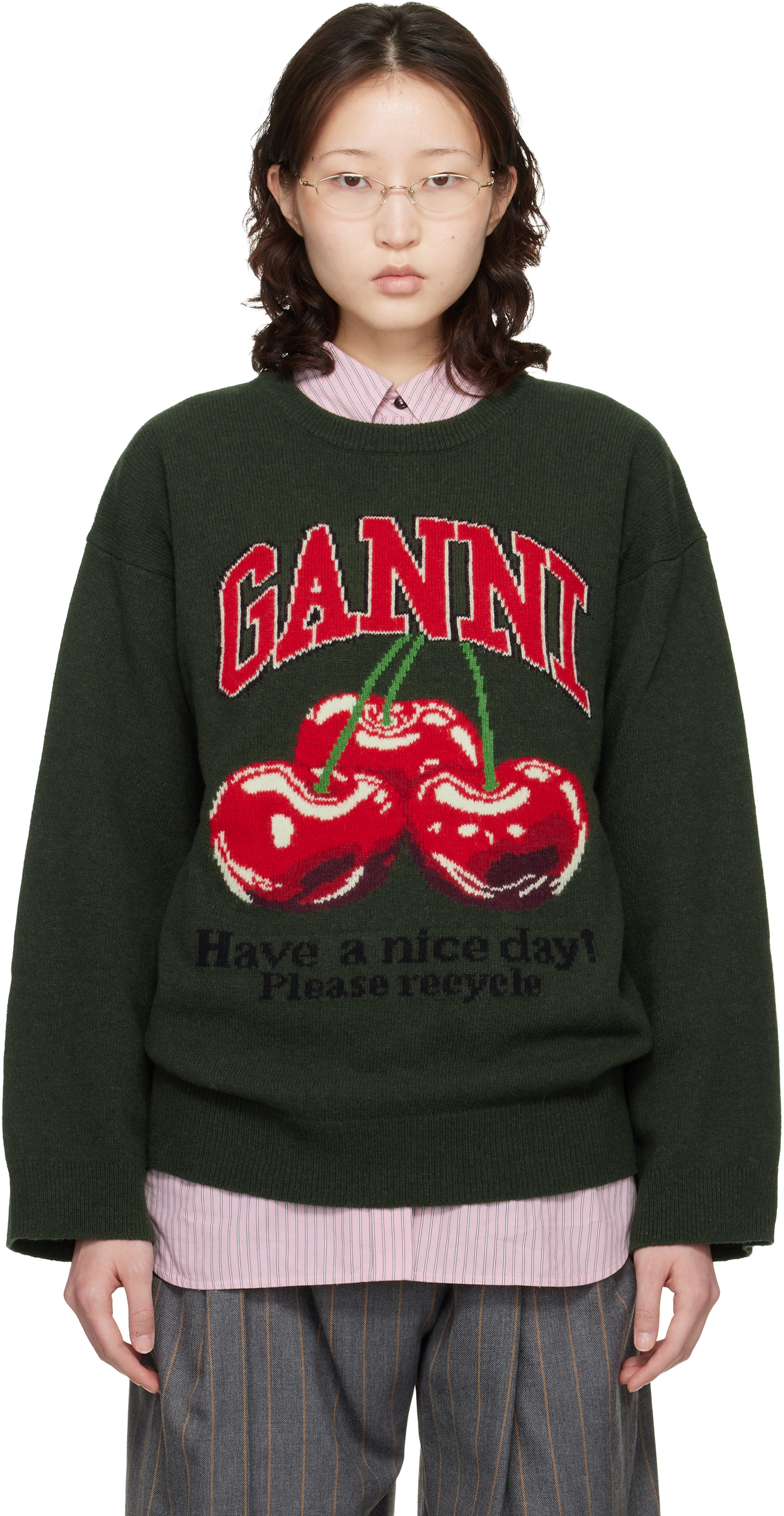 GANNI - Pull surdimensionné vert à image