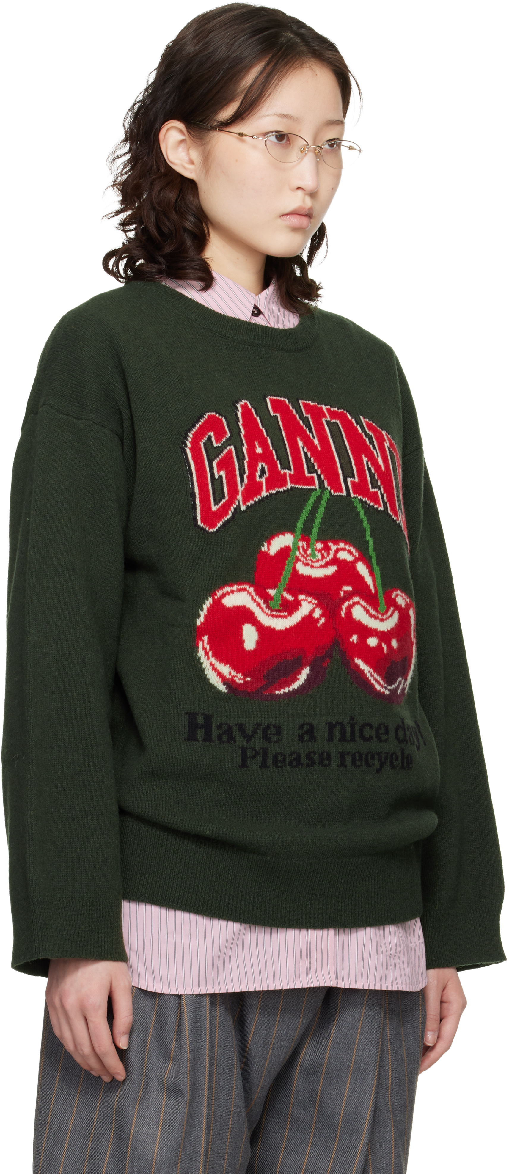 GANNI - Pull surdimensionné vert à image