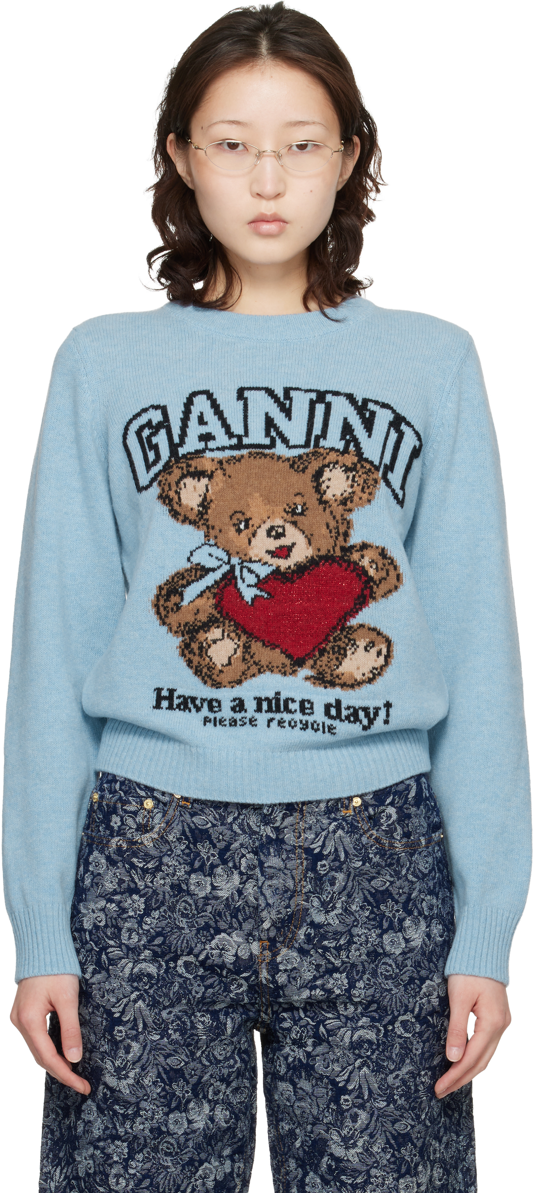GANNI - Pull bleu en laine à image