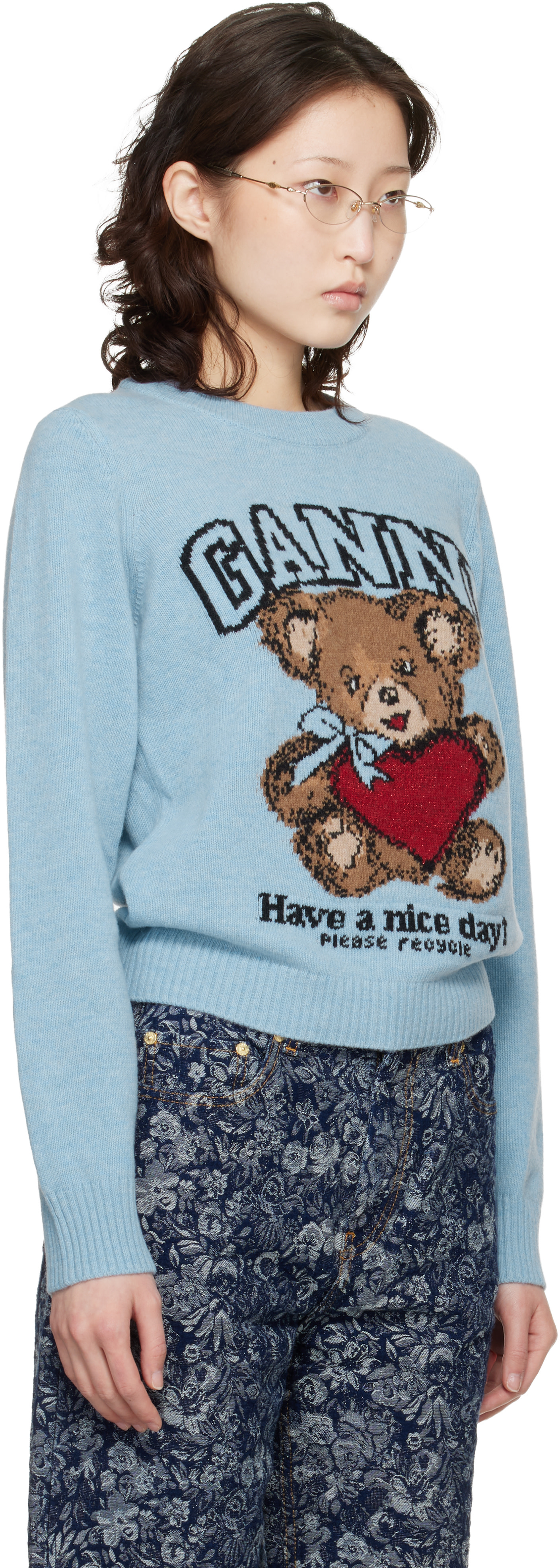 GANNI - Pull bleu en laine à image