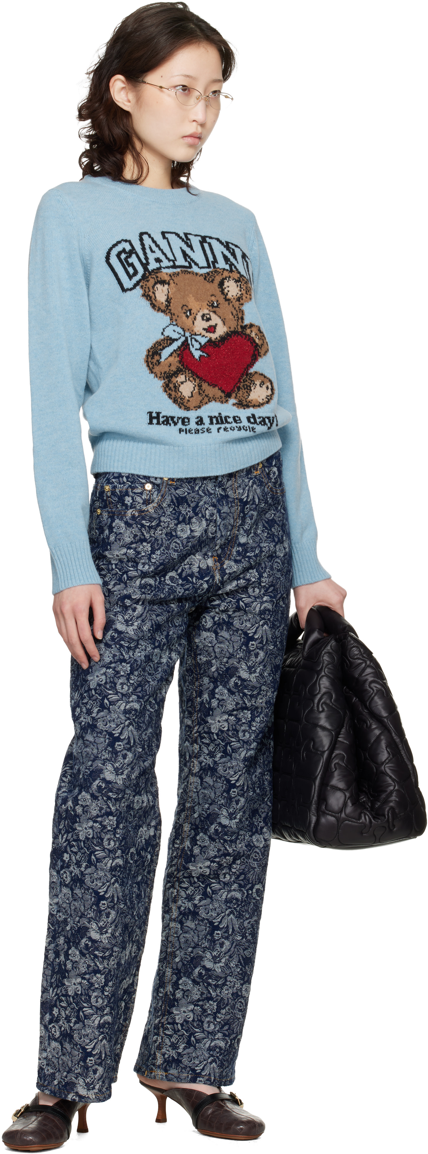 GANNI - Pull bleu en laine à image