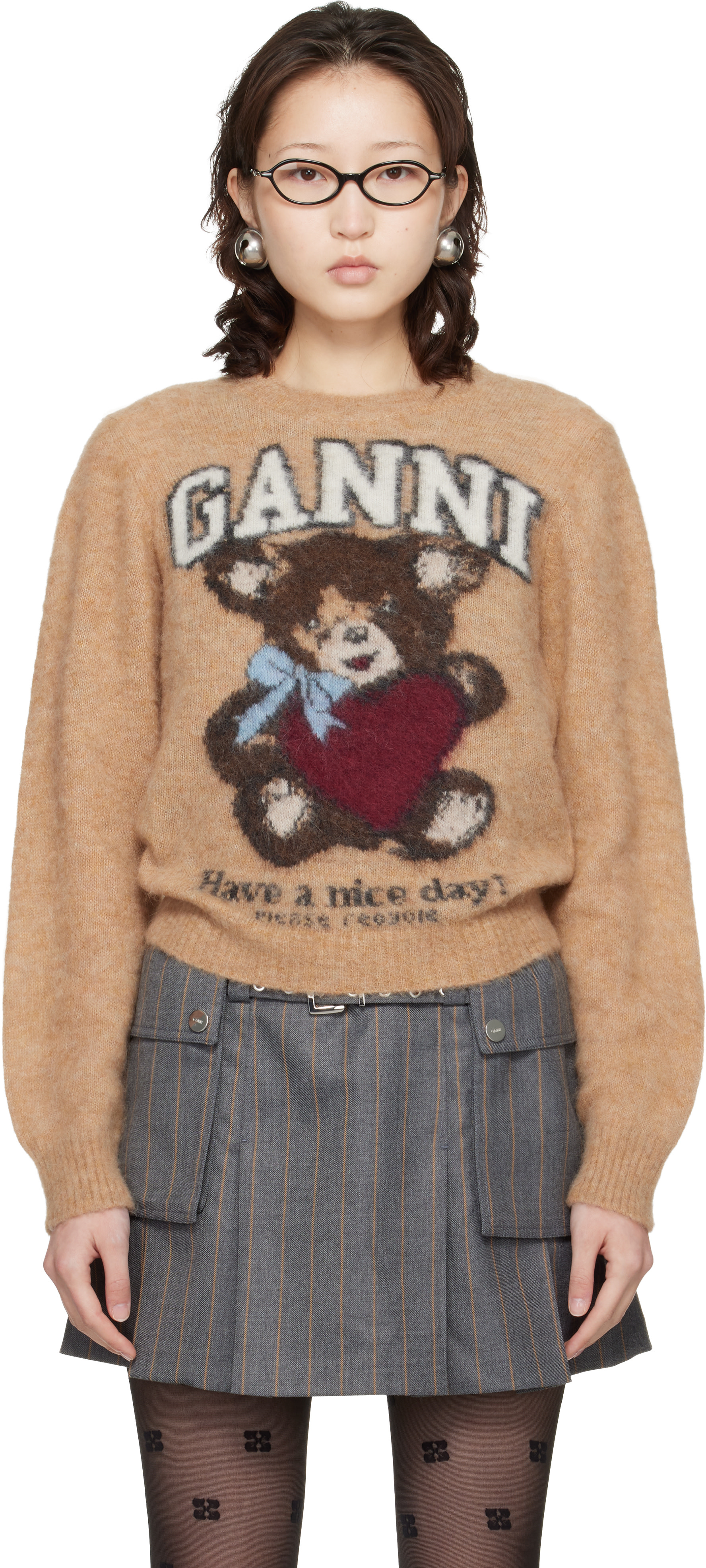 GANNI - Pull beige en tricot brossé d'alpaga