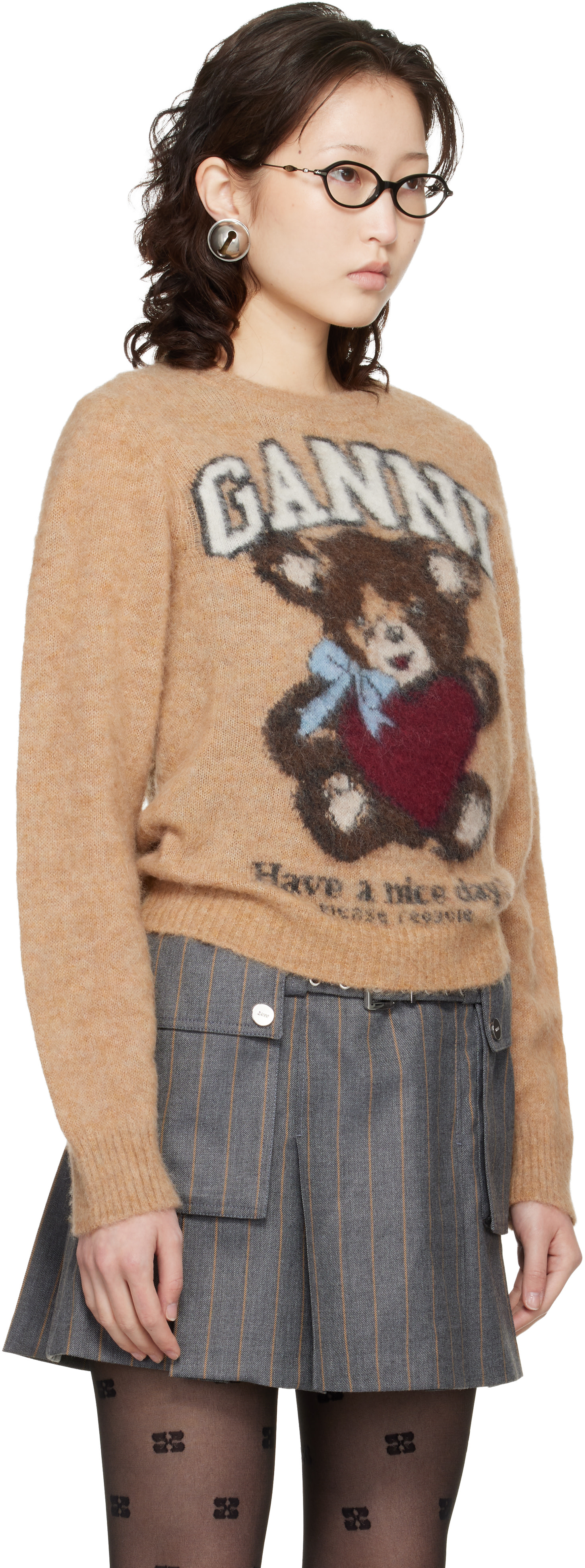 GANNI - Pull beige en tricot brossé d'alpaga