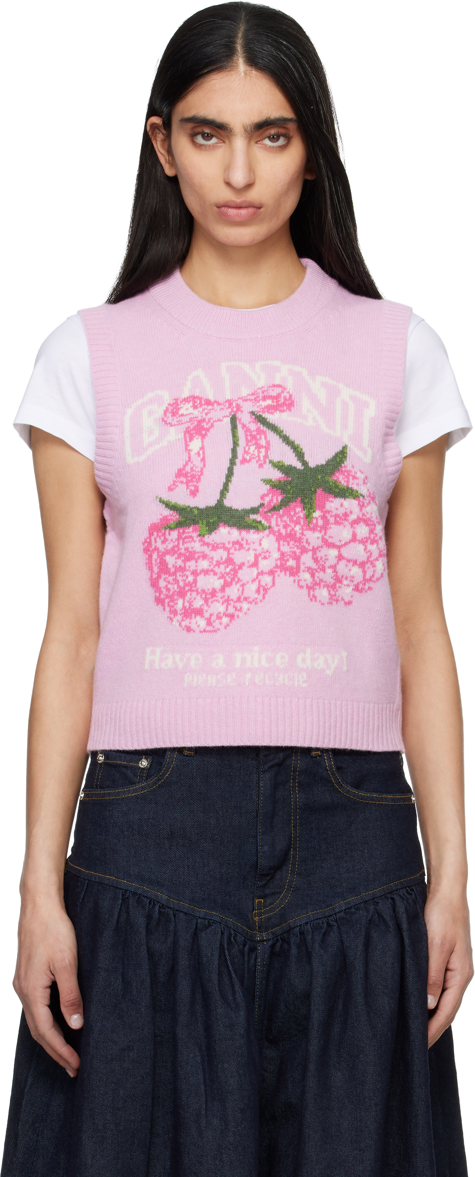 GANNI: Pink Graphic Wool Sweater Vest | SSENSE