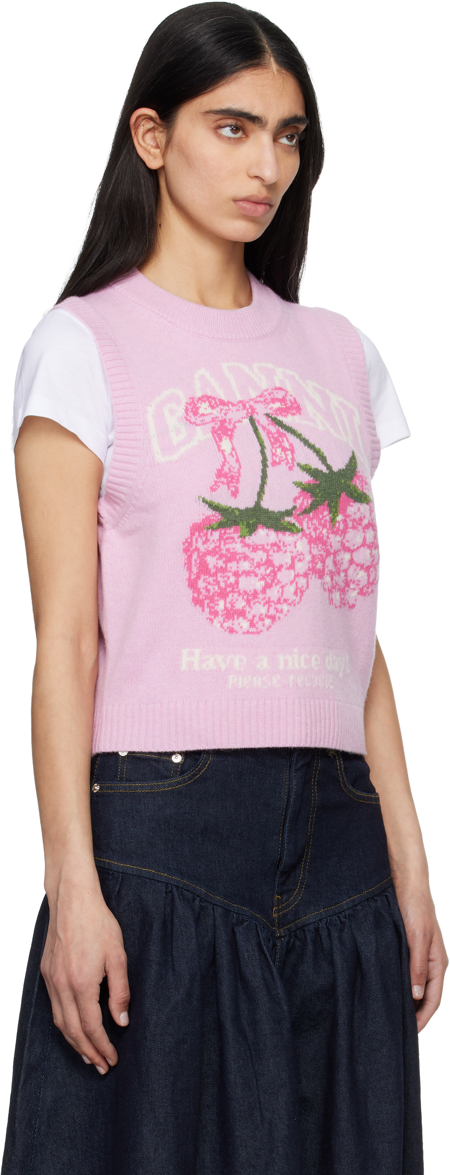 GANNI: Pink Graphic Wool Sweater Vest | SSENSE