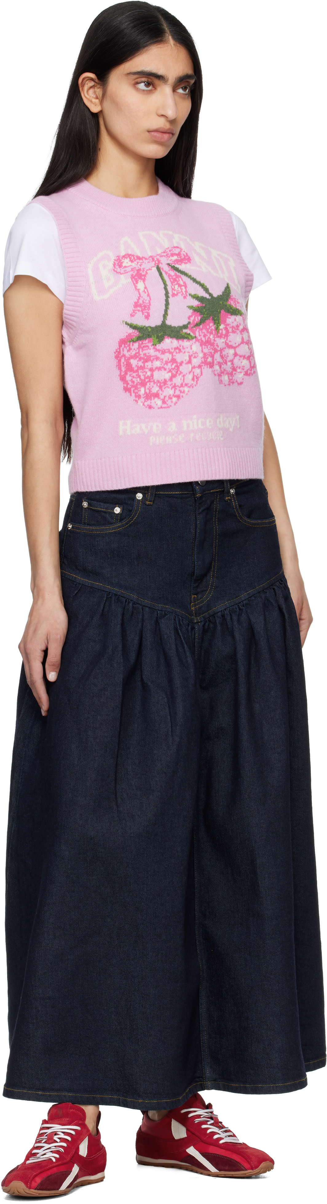 GANNI: Pink Graphic Wool Sweater Vest | SSENSE