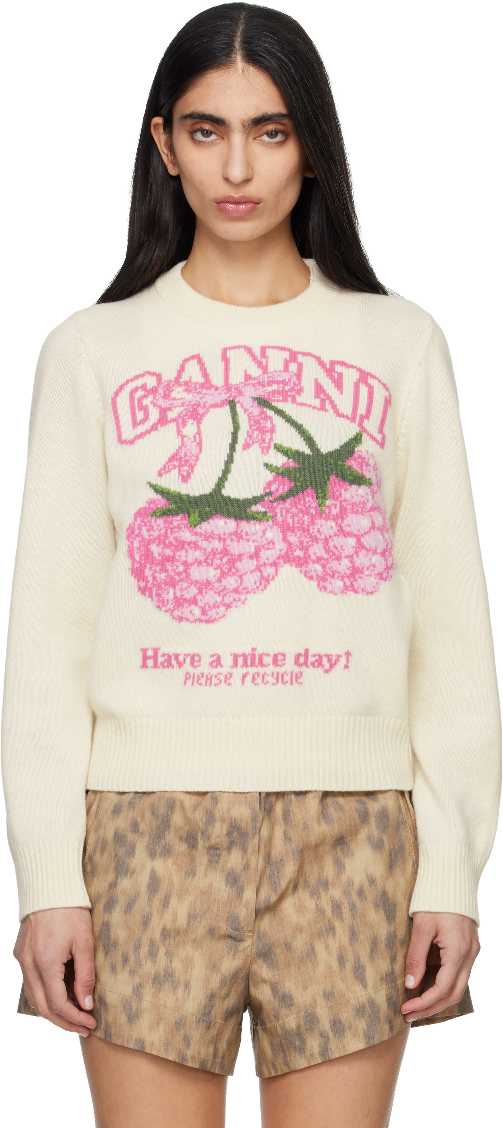 GANNI - Pull blanc cassé en laine à image