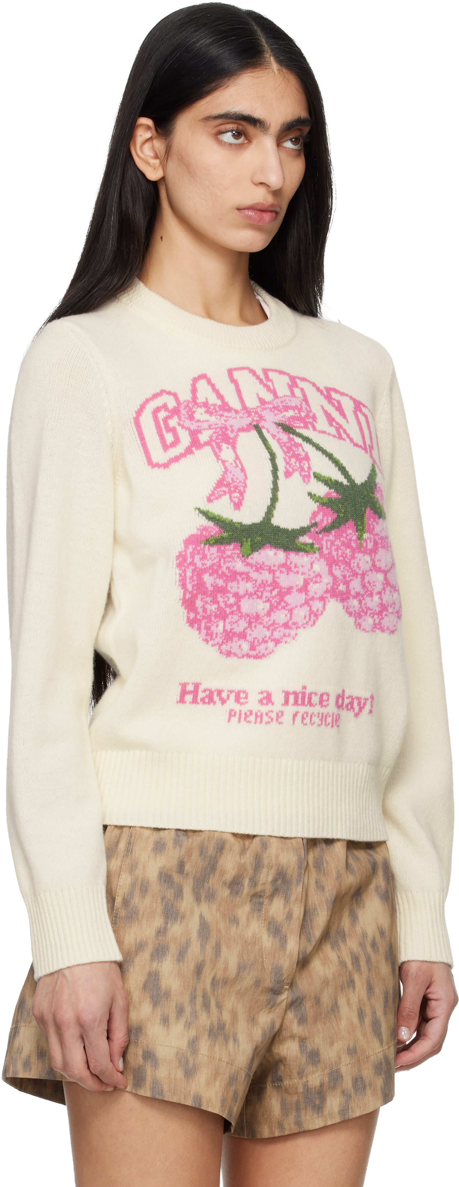 GANNI - Pull blanc cassé en laine à image