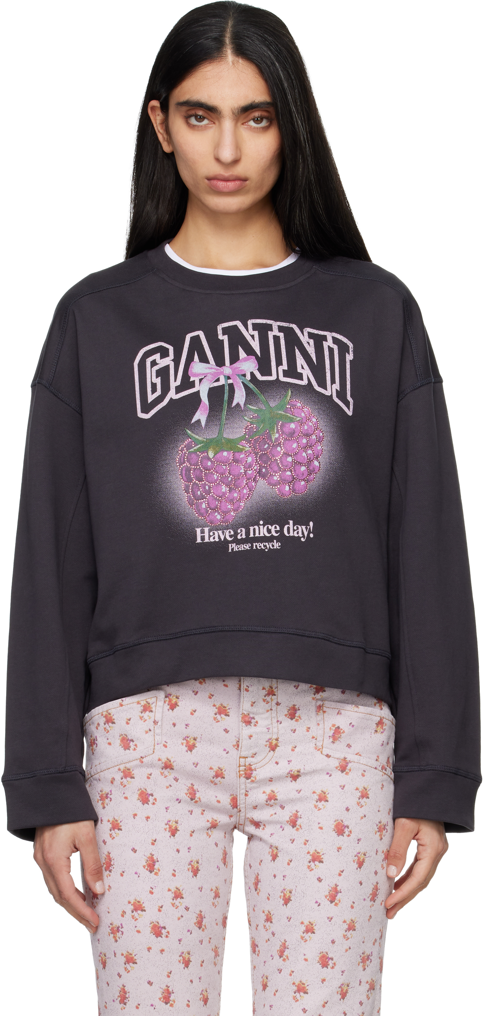 GANNI - Pull molletonné noir à image de framboises et à col ras du cou