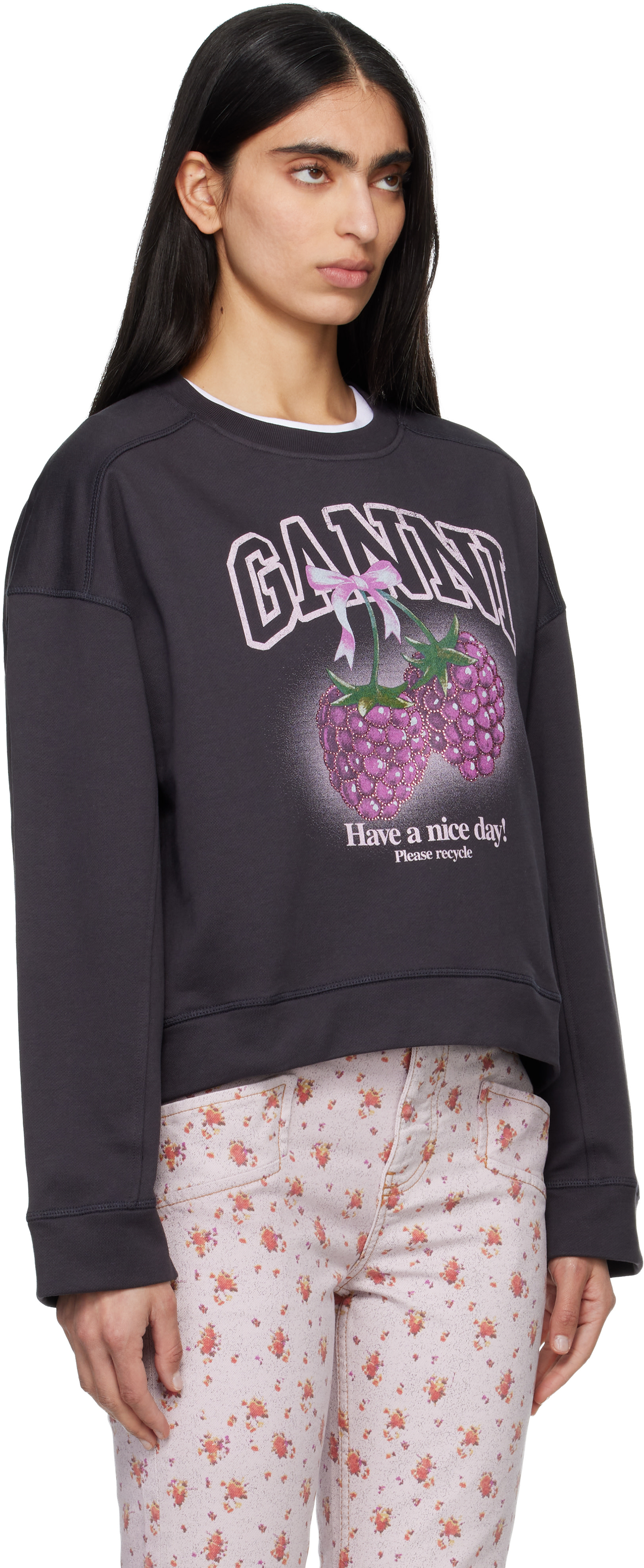GANNI - Pull molletonné noir à image de framboises et à col ras du cou
