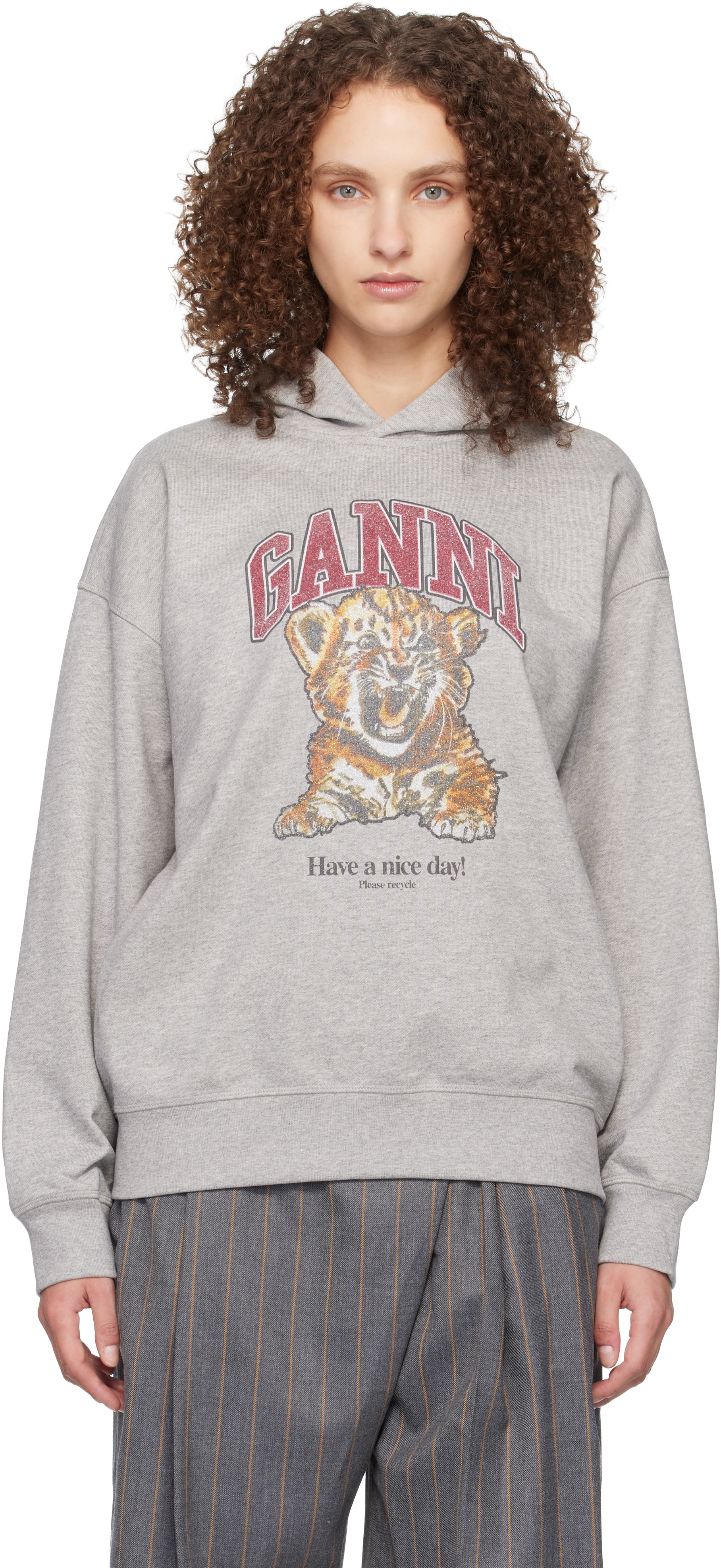 GANNI - Pull à capuche gris à image de tigre