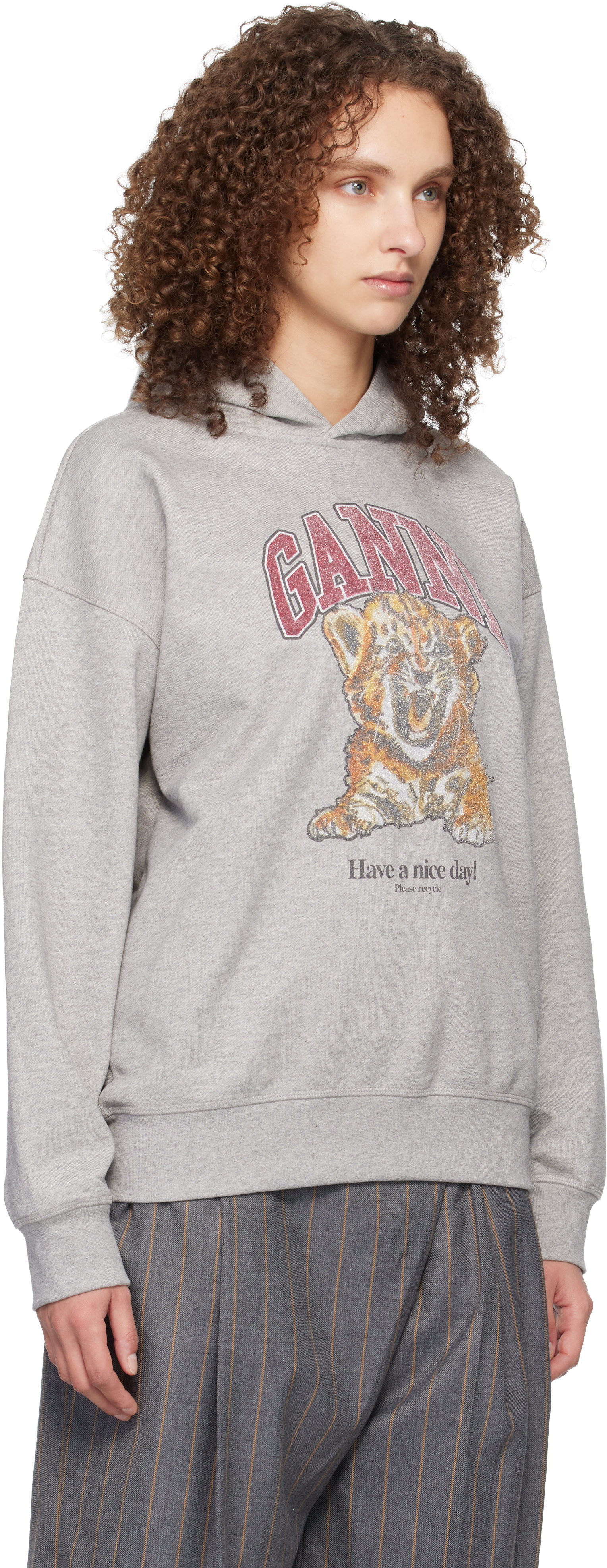 GANNI - Pull à capuche gris à image de tigre