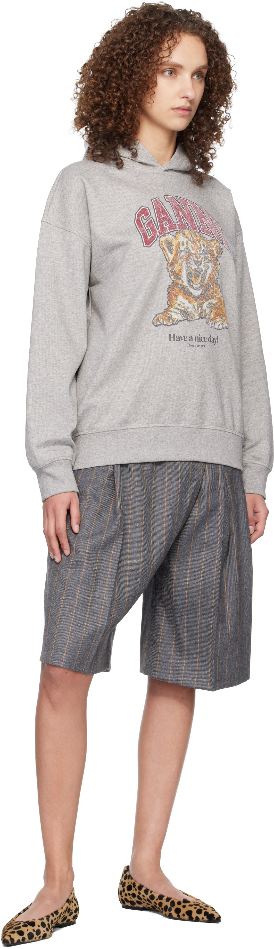 GANNI - Pull à capuche gris à image de tigre
