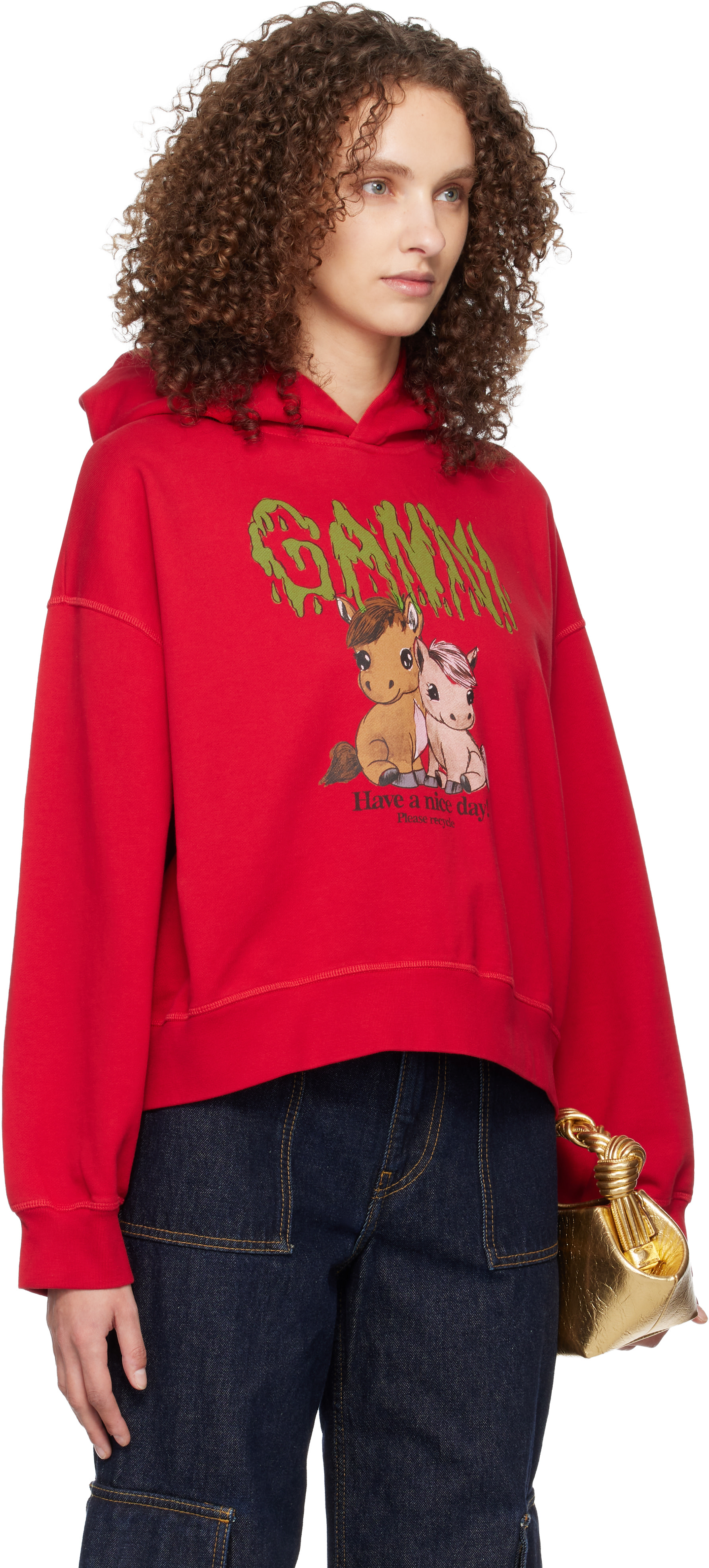 GANNI - Pull à capuche écourté rouge à image