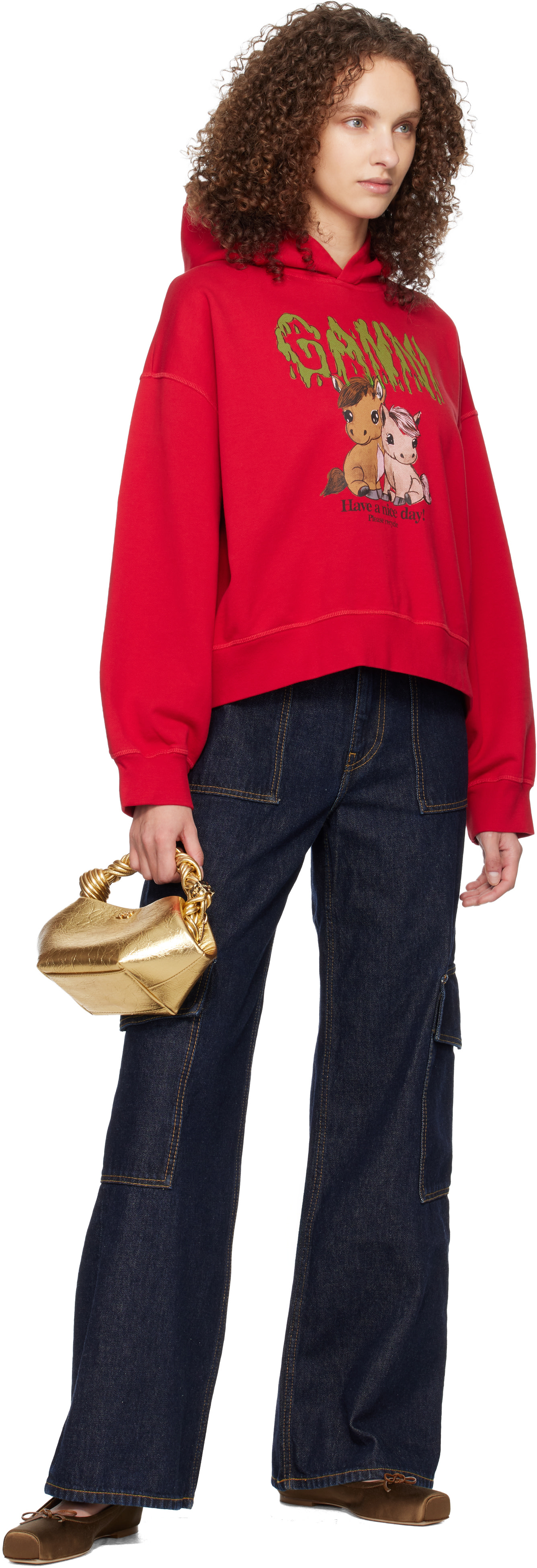 GANNI - Pull à capuche écourté rouge à image